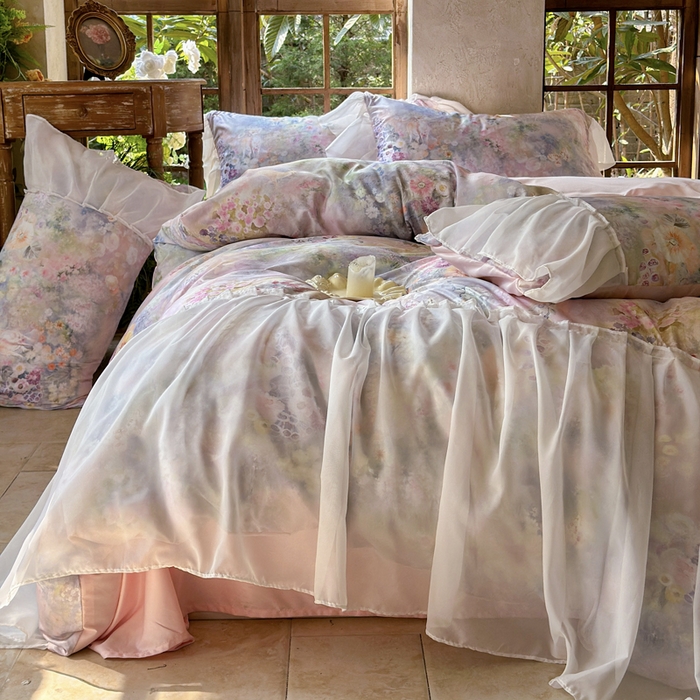 91家纺网 家纺一手货源 找家纺 艾米家居 2026春夏新款裙边款法式天丝棉冰丝系列四件套提供买家秀 莫奈花园裙边款