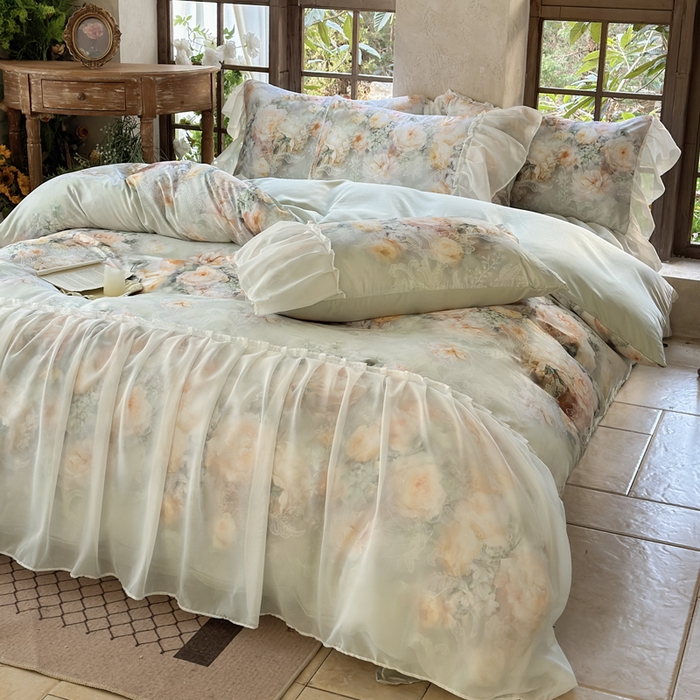 91家纺网 家纺一手货源 找家纺 艾米家居 2026春夏新款裙边款法式天丝棉冰丝系列四件套提供买家秀 花旦裙边款