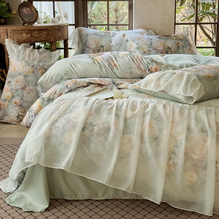 91家纺网 家纺一手货源 找家纺 艾米家居 2026春夏新款裙边款法式天丝棉冰丝系列四件套提供买家秀 花旦裙边款