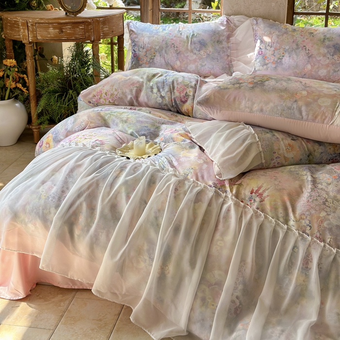 91家纺网 家纺一手货源 找家纺 艾米家居 2026春夏新款裙边款法式天丝棉冰丝系列四件套提供买家秀 莫奈花园裙边款