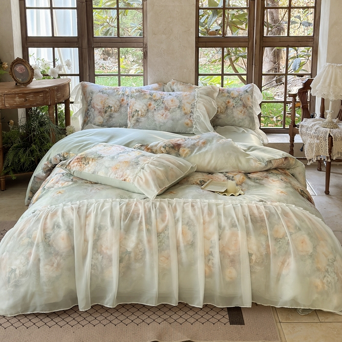 91家纺网 家纺一手货源 找家纺 艾米家居 2026春夏新款裙边款法式天丝棉冰丝系列四件套提供买家秀 花旦裙边款