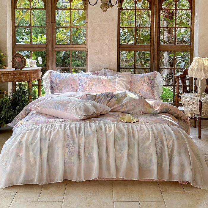 91家纺网 家纺一手货源 找家纺 艾米家居 2026春夏新款裙边款法式天丝棉冰丝系列四件套提供买家秀 莫奈花园裙边款