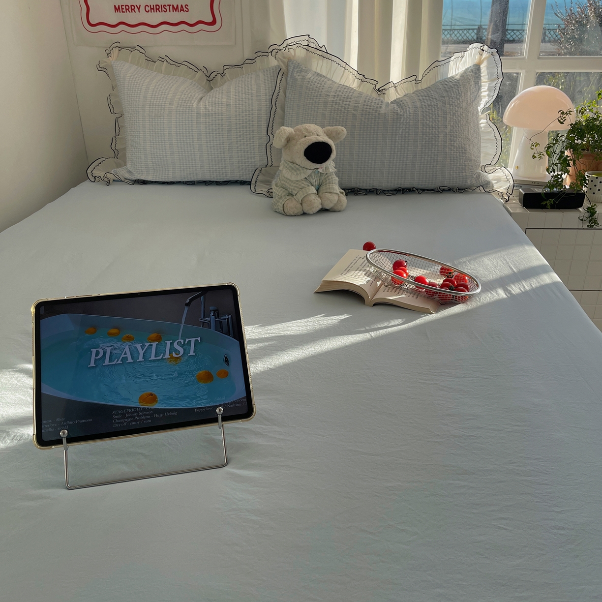 91家纺网 家纺一手货源 找家纺 首尔家纺 2026春夏新款小清新色织提花格子花边款床单床盖款四件套蜜格系列 蜜格-天蓝