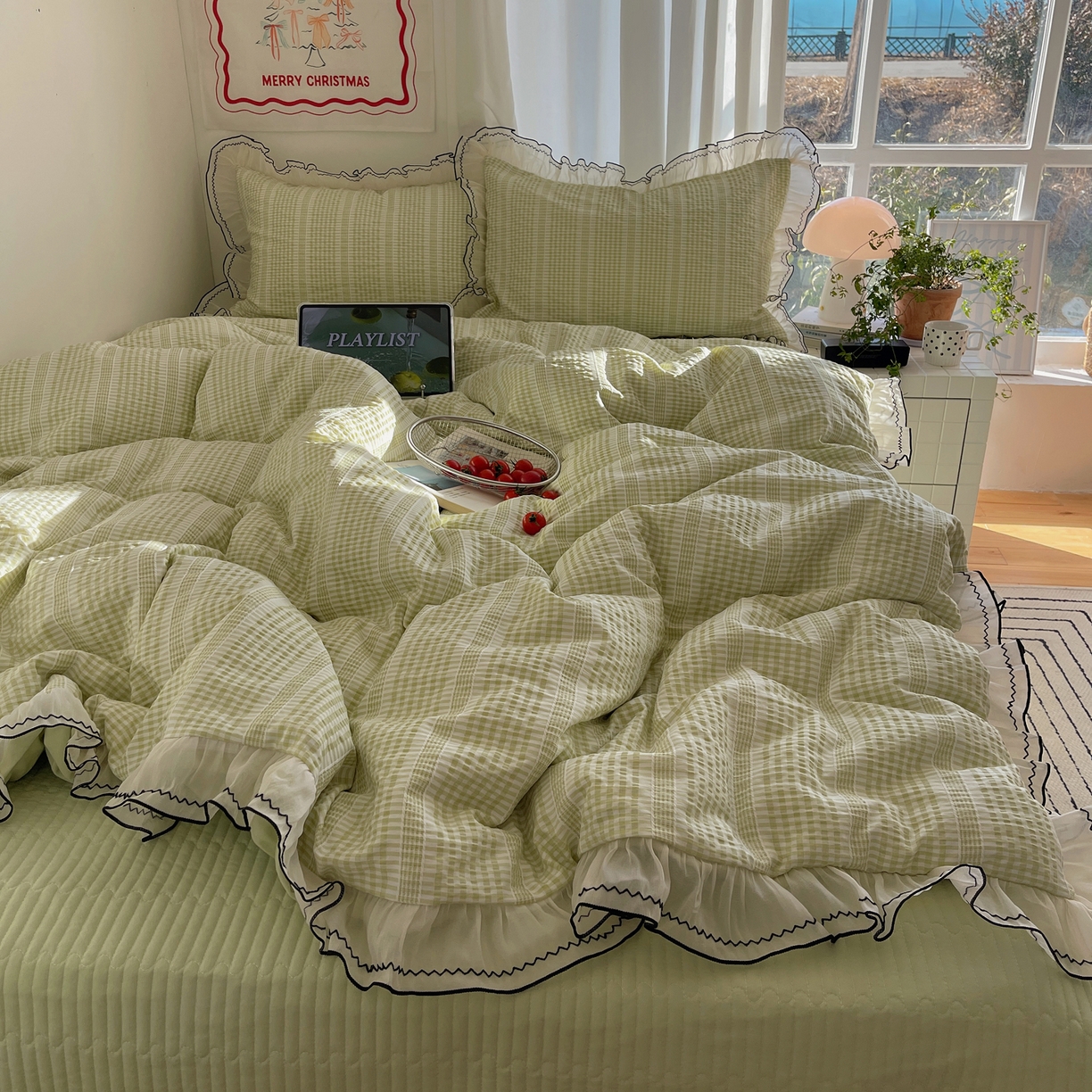 91家纺网 家纺一手货源 找家纺 首尔家纺 2026春夏新款小清新色织提花格子花边款床单床盖款四件套蜜格系列 蜜格-抹茶