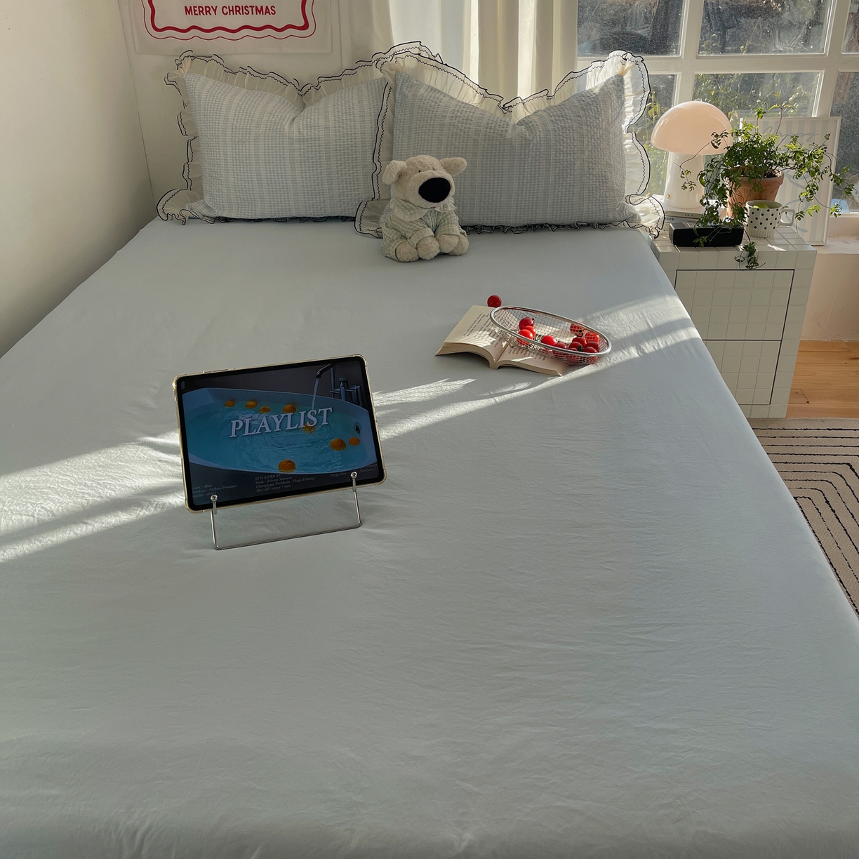 91家纺网 家纺一手货源 找家纺 首尔家纺 2026春夏新款小清新色织提花格子花边款床单床盖款四件套蜜格系列 蜜格-天蓝