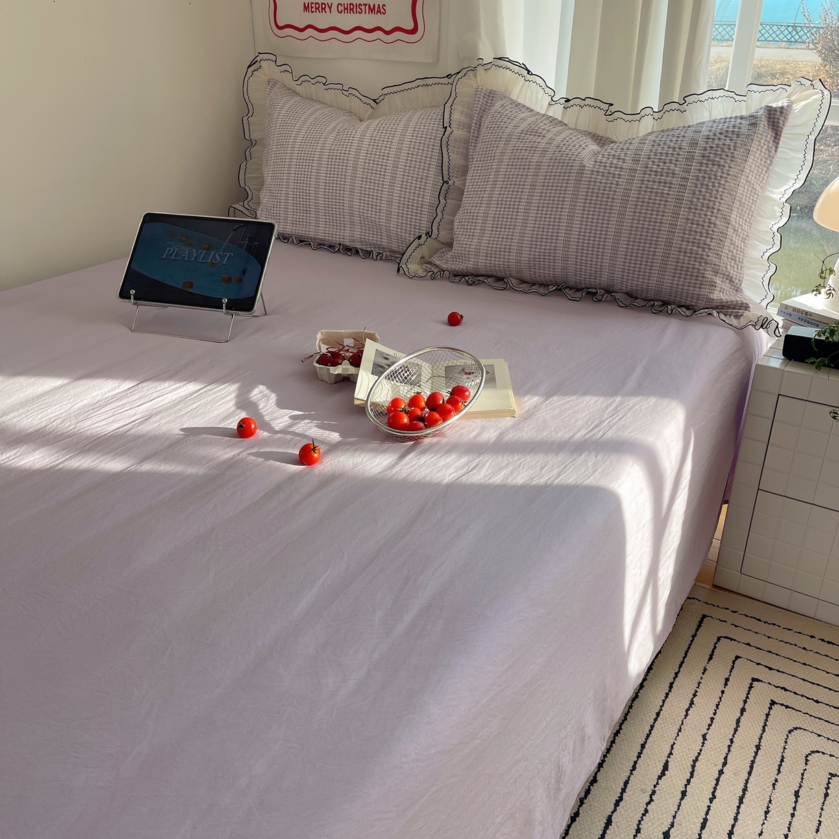 91家纺网 家纺一手货源 找家纺 首尔家纺 2026春夏新款小清新色织提花格子花边款床单床盖款四件套蜜格系列 蜜格-浅紫