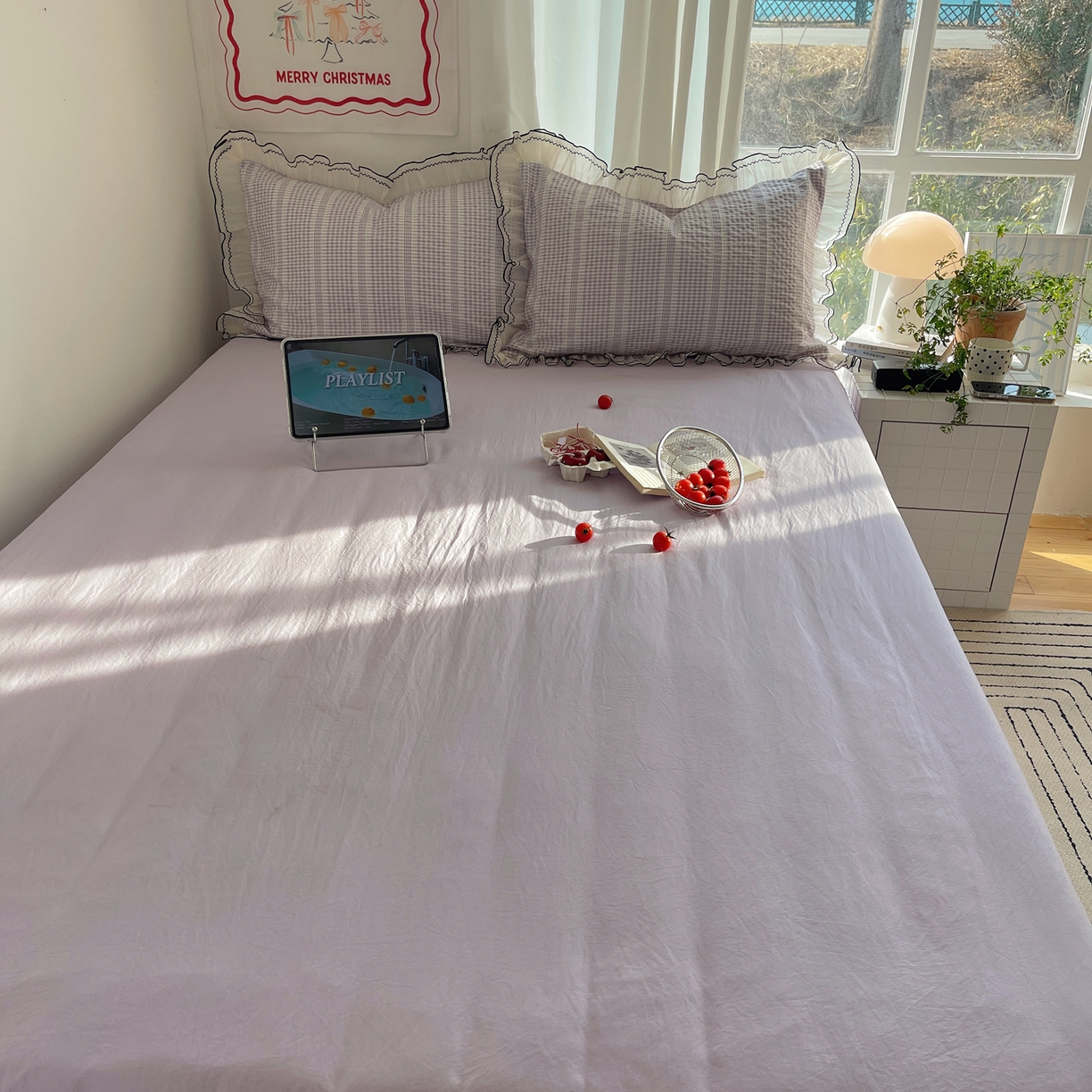 91家纺网 家纺一手货源 找家纺 首尔家纺 2026春夏新款小清新色织提花格子花边款床单床盖款四件套蜜格系列 蜜格-浅紫