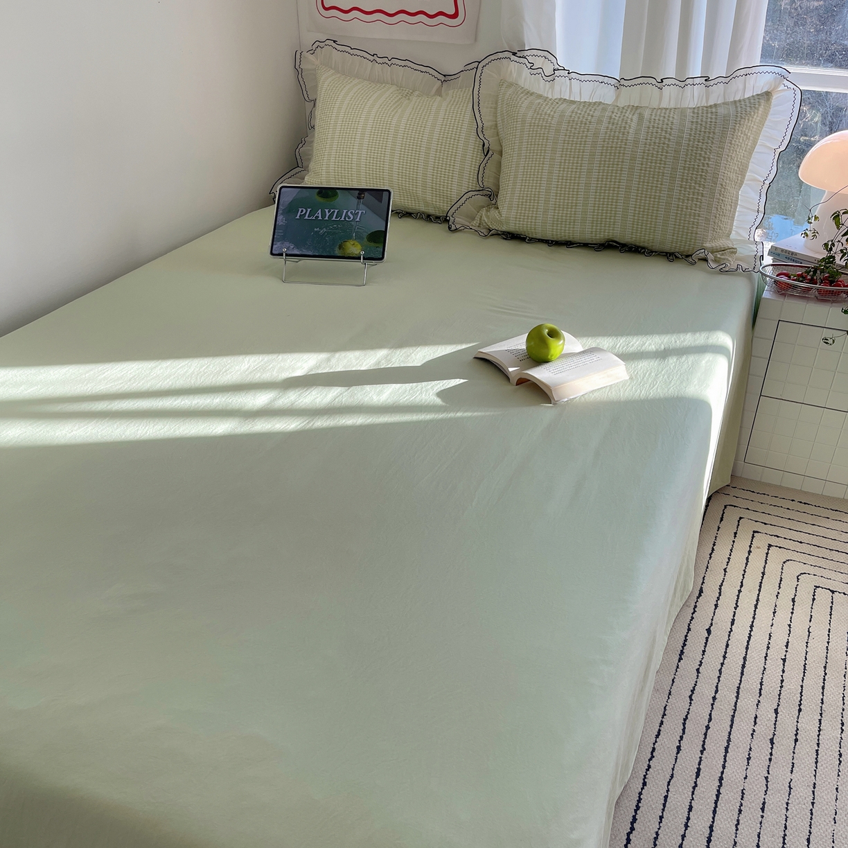 91家纺网 家纺一手货源 找家纺 首尔家纺 2026春夏新款小清新色织提花格子花边款床单床盖款四件套蜜格系列 蜜格-抹茶