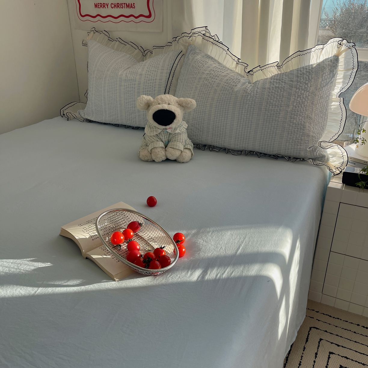 91家纺网 家纺一手货源 找家纺 首尔家纺 2026春夏新款小清新色织提花格子花边款床单床盖款四件套蜜格系列 蜜格-天蓝