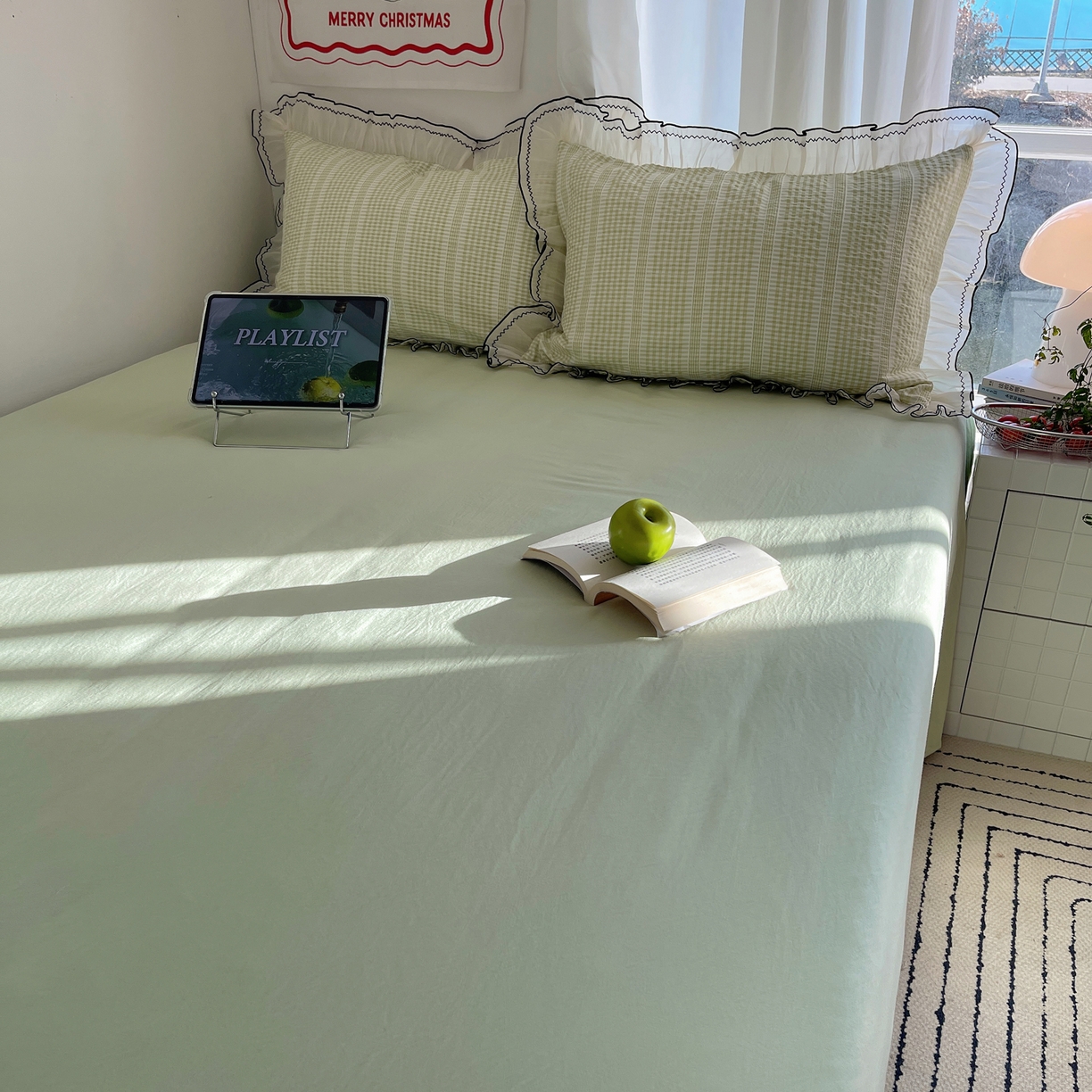 91家纺网 家纺一手货源 找家纺 首尔家纺 2026春夏新款小清新色织提花格子花边款床单床盖款四件套蜜格系列 蜜格-抹茶