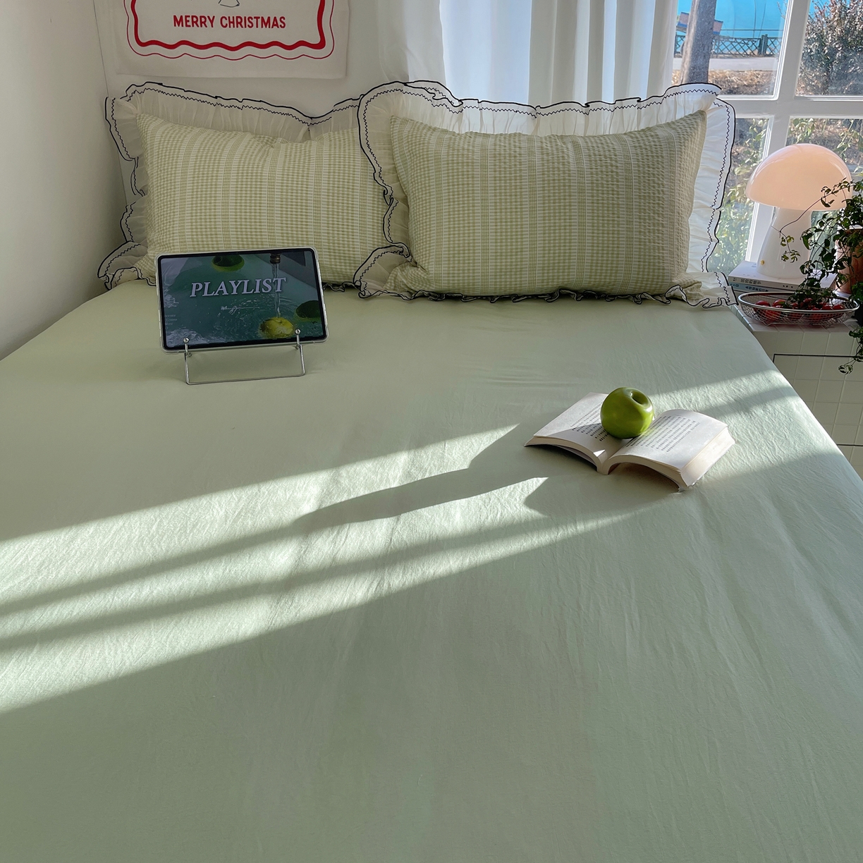 91家纺网 家纺一手货源 找家纺 首尔家纺 2026春夏新款小清新色织提花格子花边款床单床盖款四件套蜜格系列 蜜格-抹茶