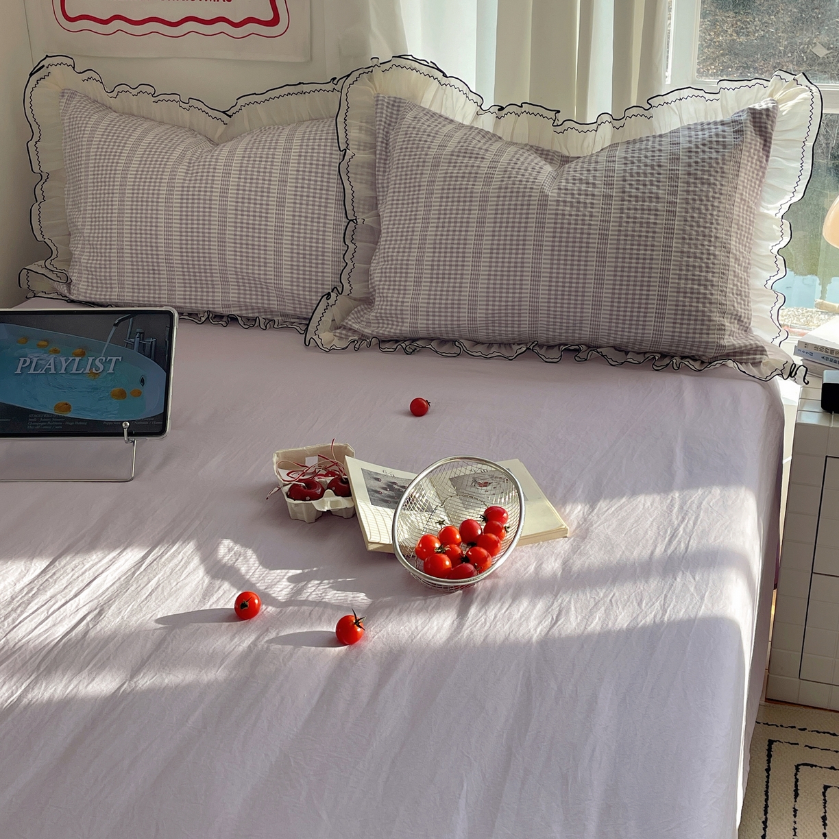 91家纺网 家纺一手货源 找家纺 首尔家纺 2026春夏新款小清新色织提花格子花边款床单床盖款四件套蜜格系列 蜜格-浅紫