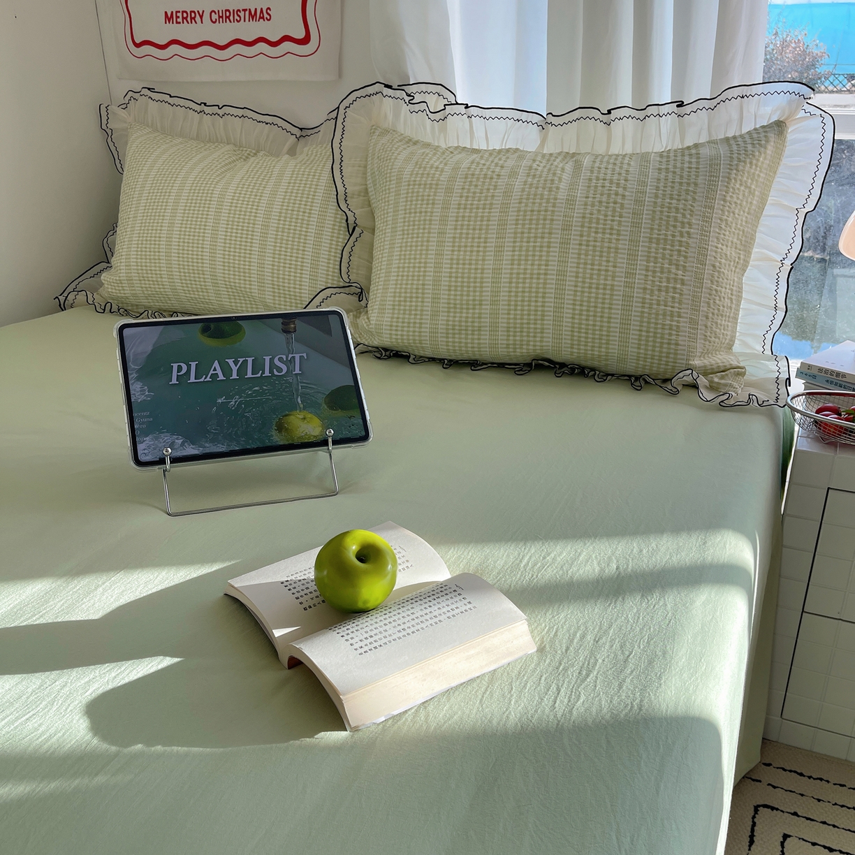 91家纺网 家纺一手货源 找家纺 首尔家纺 2026春夏新款小清新色织提花格子花边款床单床盖款四件套蜜格系列 蜜格-抹茶