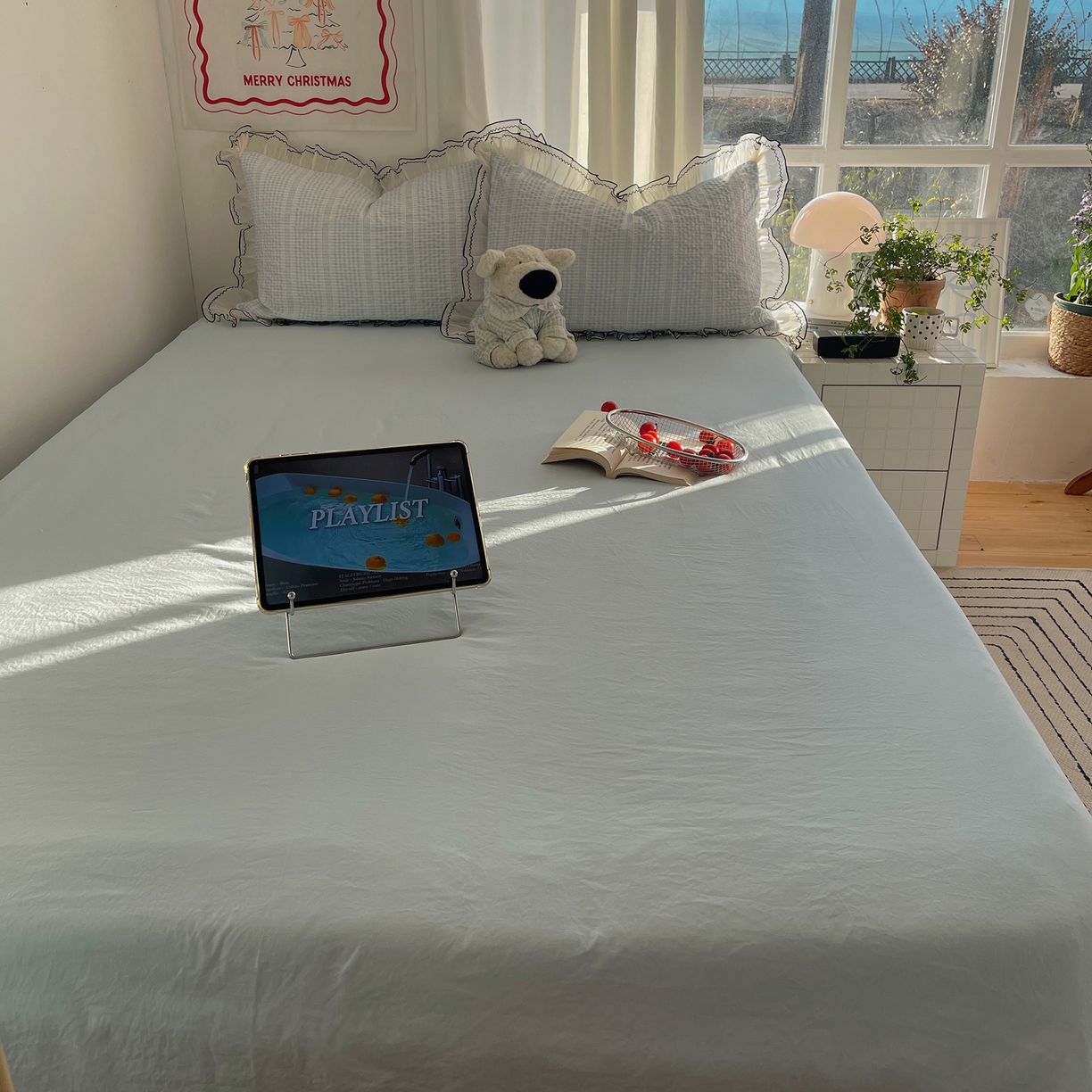 91家纺网 家纺一手货源 找家纺 首尔家纺 2026春夏新款小清新色织提花格子花边款床单床盖款四件套蜜格系列 蜜格-天蓝