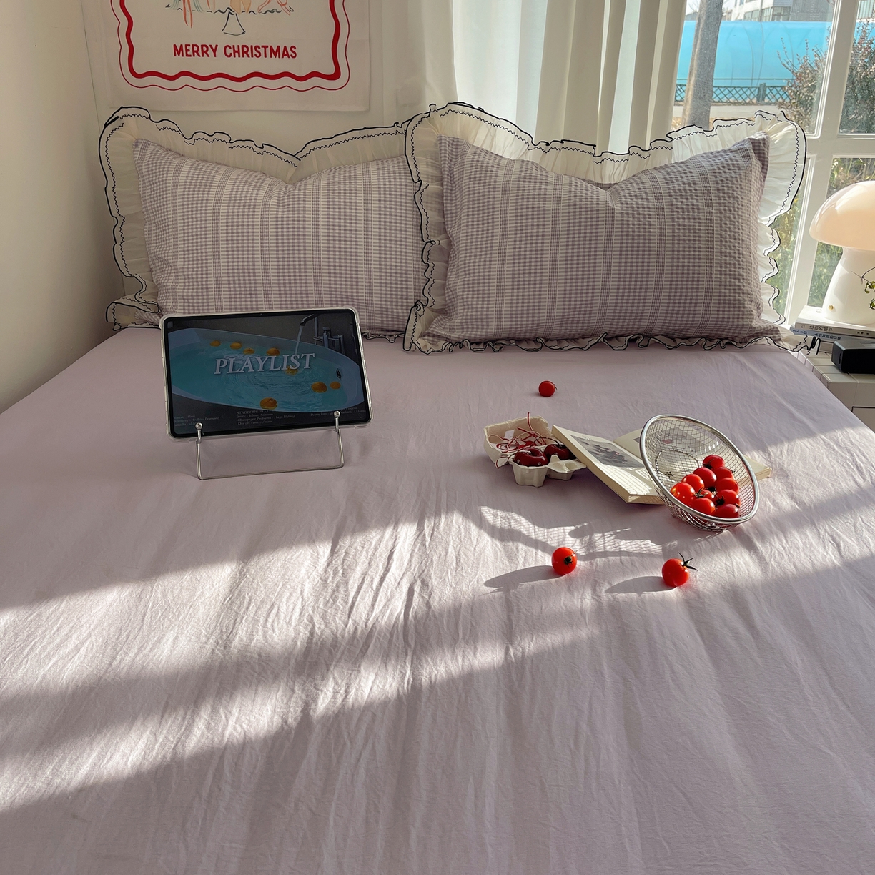 91家纺网 家纺一手货源 找家纺 首尔家纺 2026春夏新款小清新色织提花格子花边款床单床盖款四件套蜜格系列 蜜格-浅紫