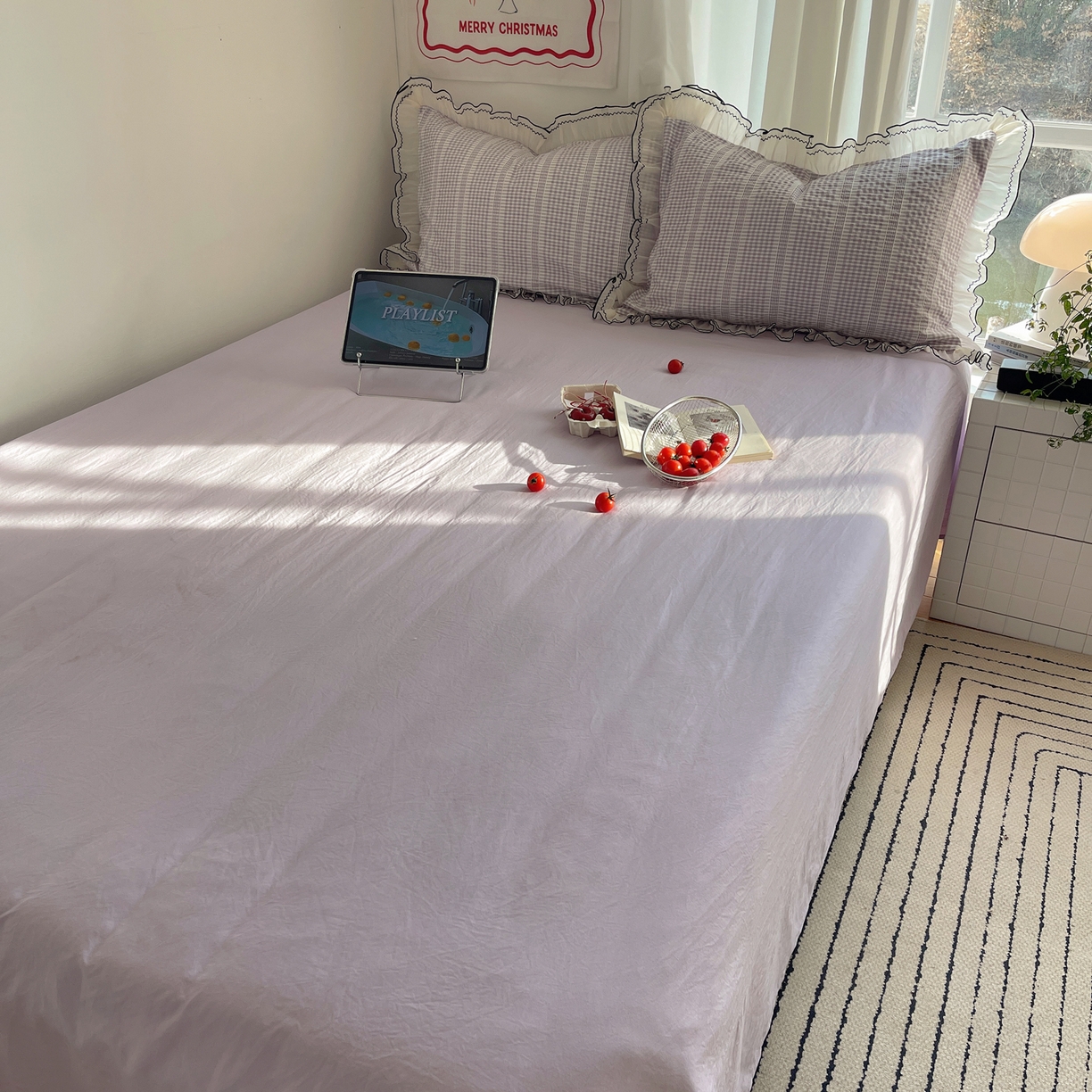 91家纺网 家纺一手货源 找家纺 首尔家纺 2026春夏新款小清新色织提花格子花边款床单床盖款四件套蜜格系列 蜜格-浅紫