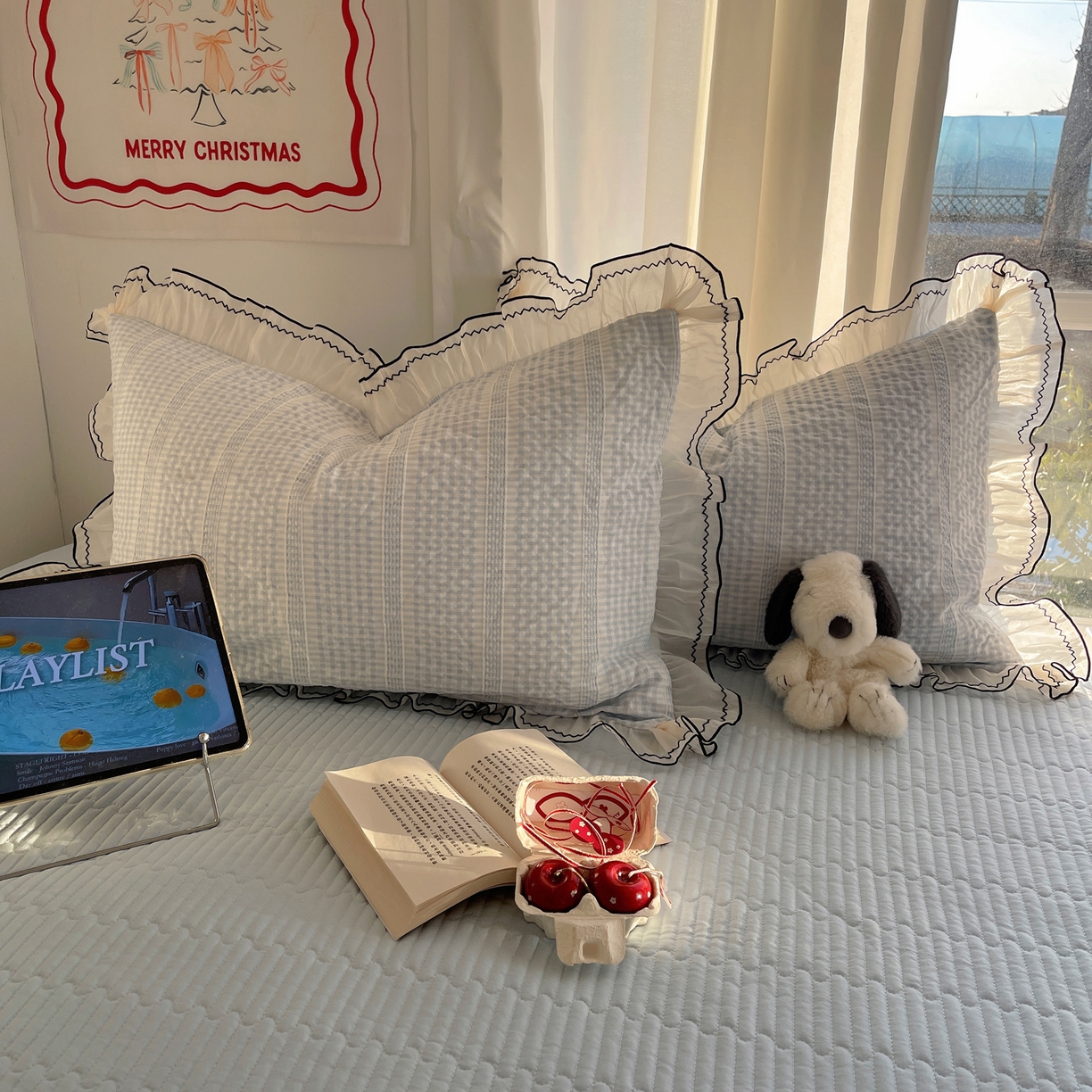 91家纺网 家纺一手货源 找家纺 首尔家纺 2026春夏新款小清新色织提花格子花边款床单床盖款四件套蜜格系列 蜜格-天蓝