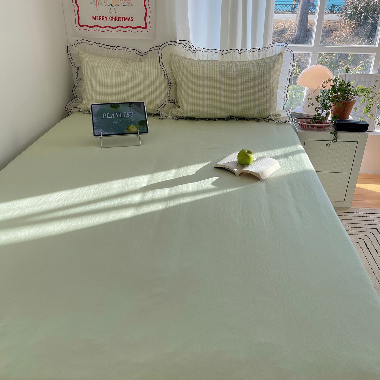 91家纺网 家纺一手货源 找家纺 首尔家纺 2026春夏新款小清新色织提花格子花边款床单床盖款四件套蜜格系列 蜜格-抹茶