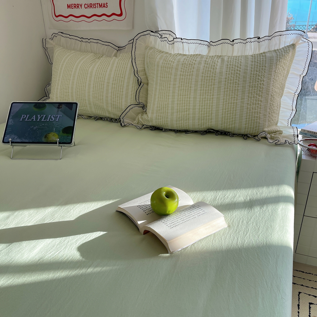 91家纺网 家纺一手货源 找家纺 首尔家纺 2026春夏新款小清新色织提花格子花边款床单床盖款四件套蜜格系列 蜜格-抹茶