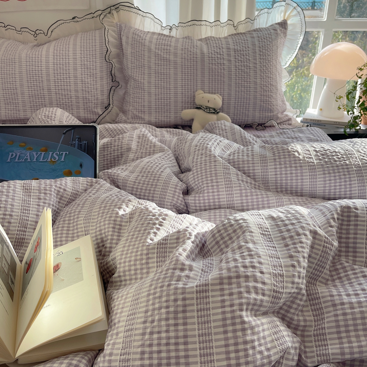 91家纺网 家纺一手货源 找家纺 首尔家纺 2026春夏新款小清新色织提花格子花边款床单床盖款四件套蜜格系列 蜜格-浅紫