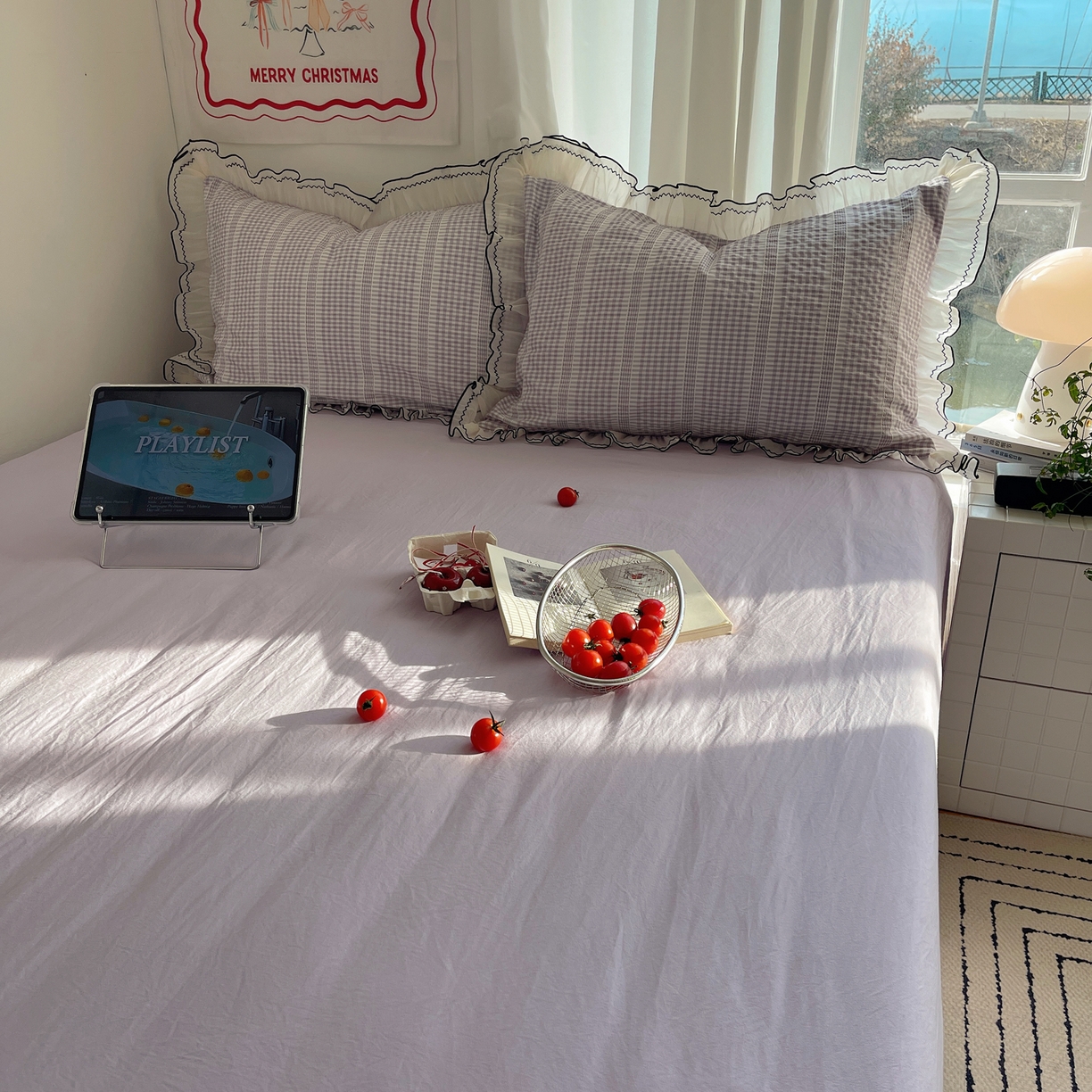 91家纺网 家纺一手货源 找家纺 首尔家纺 2026春夏新款小清新色织提花格子花边款床单床盖款四件套蜜格系列 蜜格-浅紫