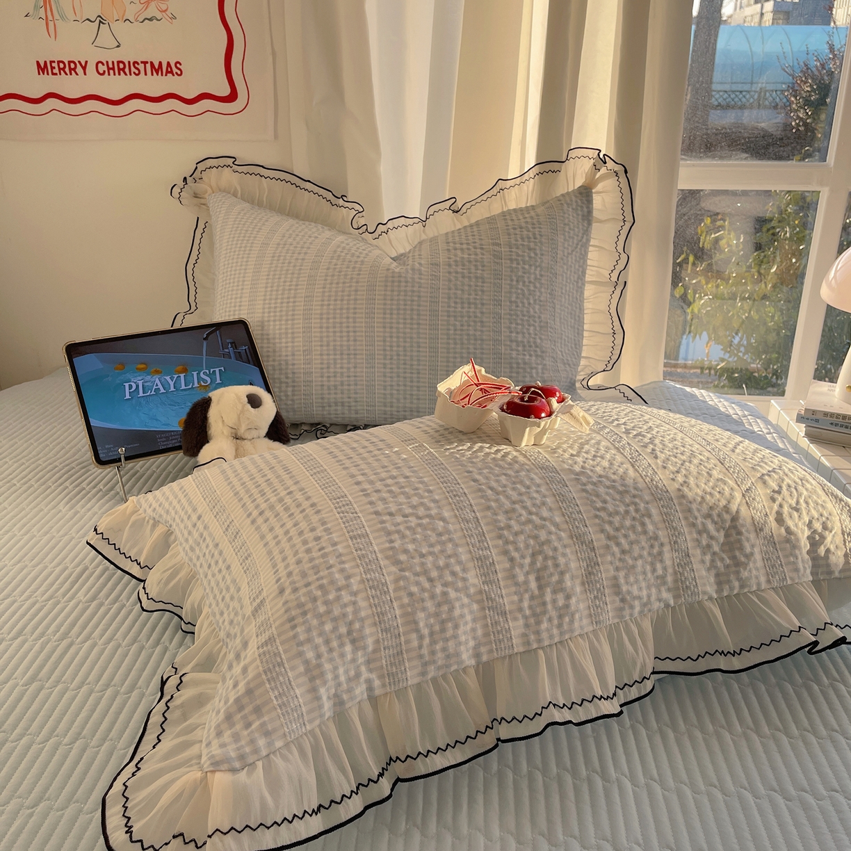 91家纺网 家纺一手货源 找家纺 首尔家纺 2026春夏新款小清新色织提花格子花边款床单床盖款四件套蜜格系列 蜜格-天蓝