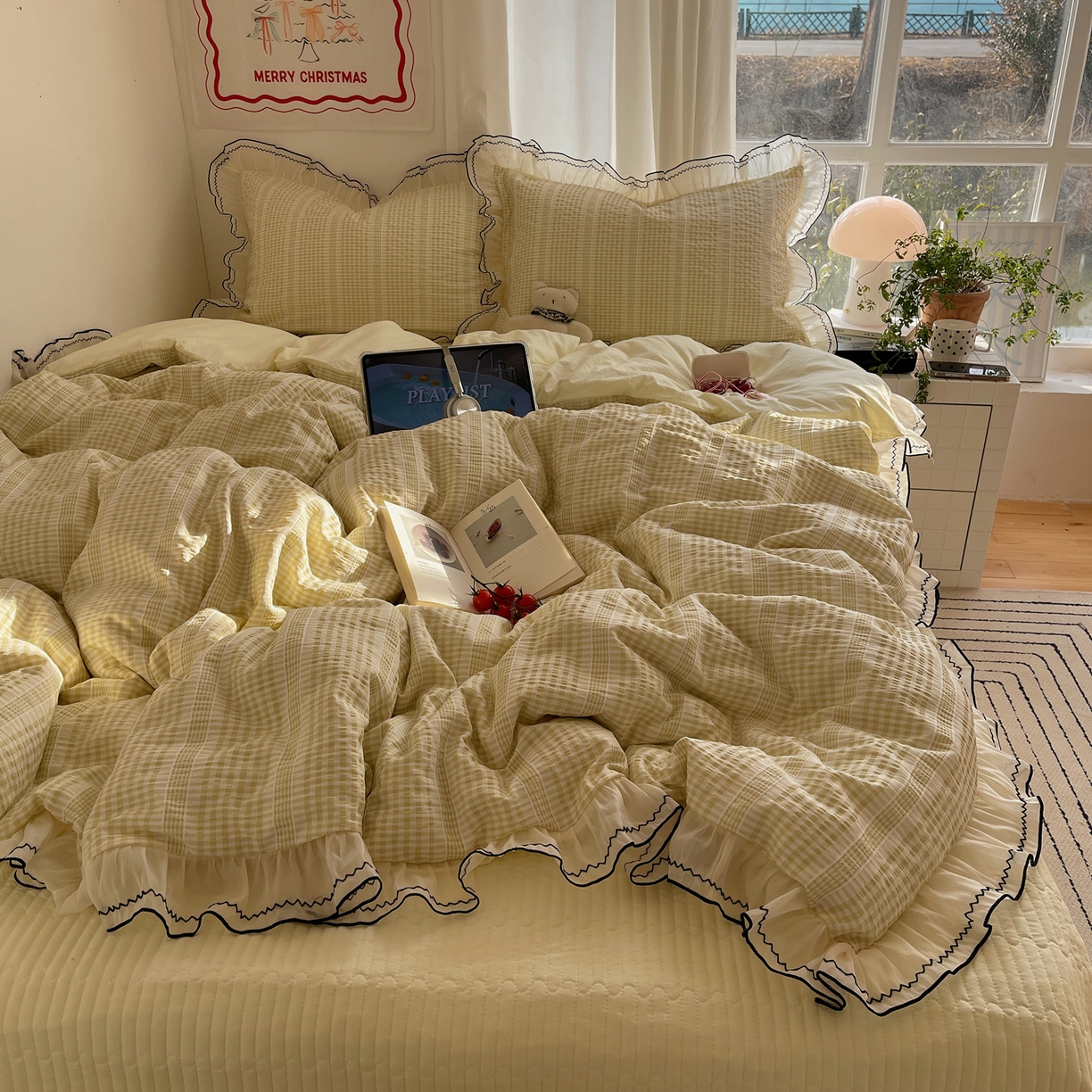 首尔家纺 2026春夏新款小清新色织提花格子花边款床单床盖款四件套蜜格系列 蜜格-浅黄