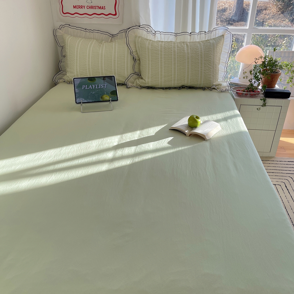 91家纺网 家纺一手货源 找家纺 首尔家纺 2026春夏新款小清新色织提花格子花边款床单床盖款四件套蜜格系列 蜜格-抹茶