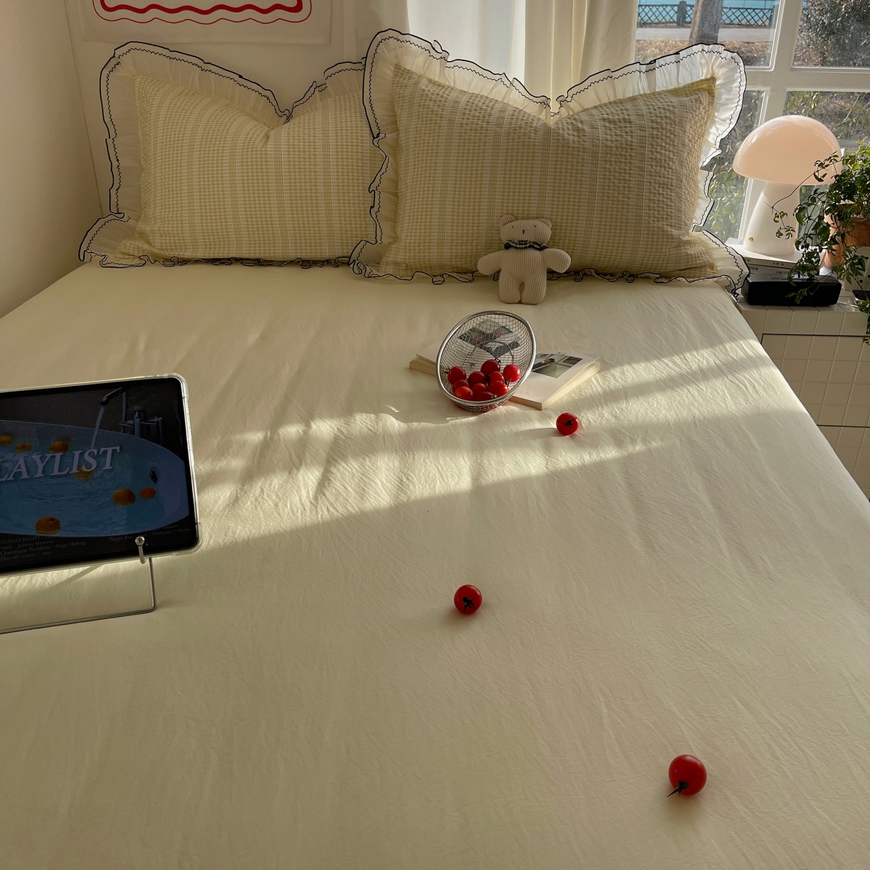 91家纺网 家纺一手货源 找家纺 首尔家纺 2026春夏新款小清新色织提花格子花边款床单床盖款四件套蜜格系列 蜜格-浅黄