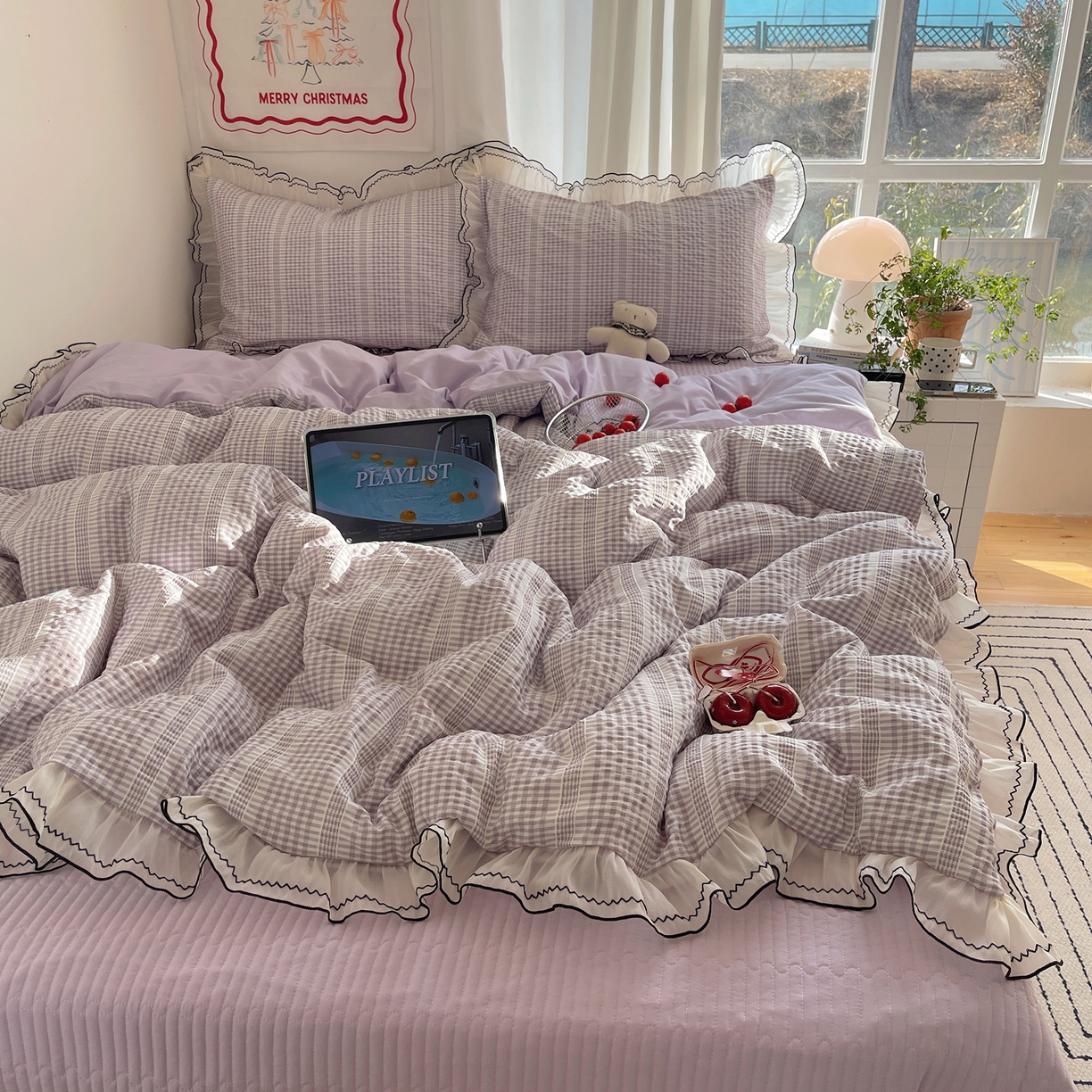 首尔家纺 2026春夏新款小清新色织提花格子花边款床单床盖款四件套蜜格系列 蜜格-浅紫