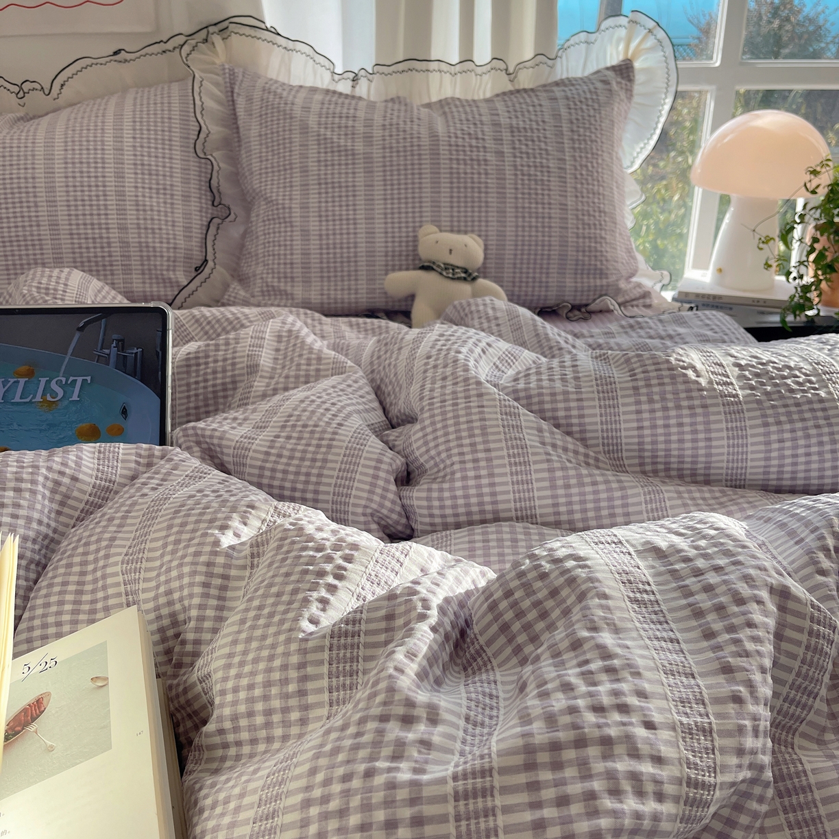 91家纺网 家纺一手货源 找家纺 首尔家纺 2026春夏新款小清新色织提花格子花边款床单床盖款四件套蜜格系列 蜜格-浅紫