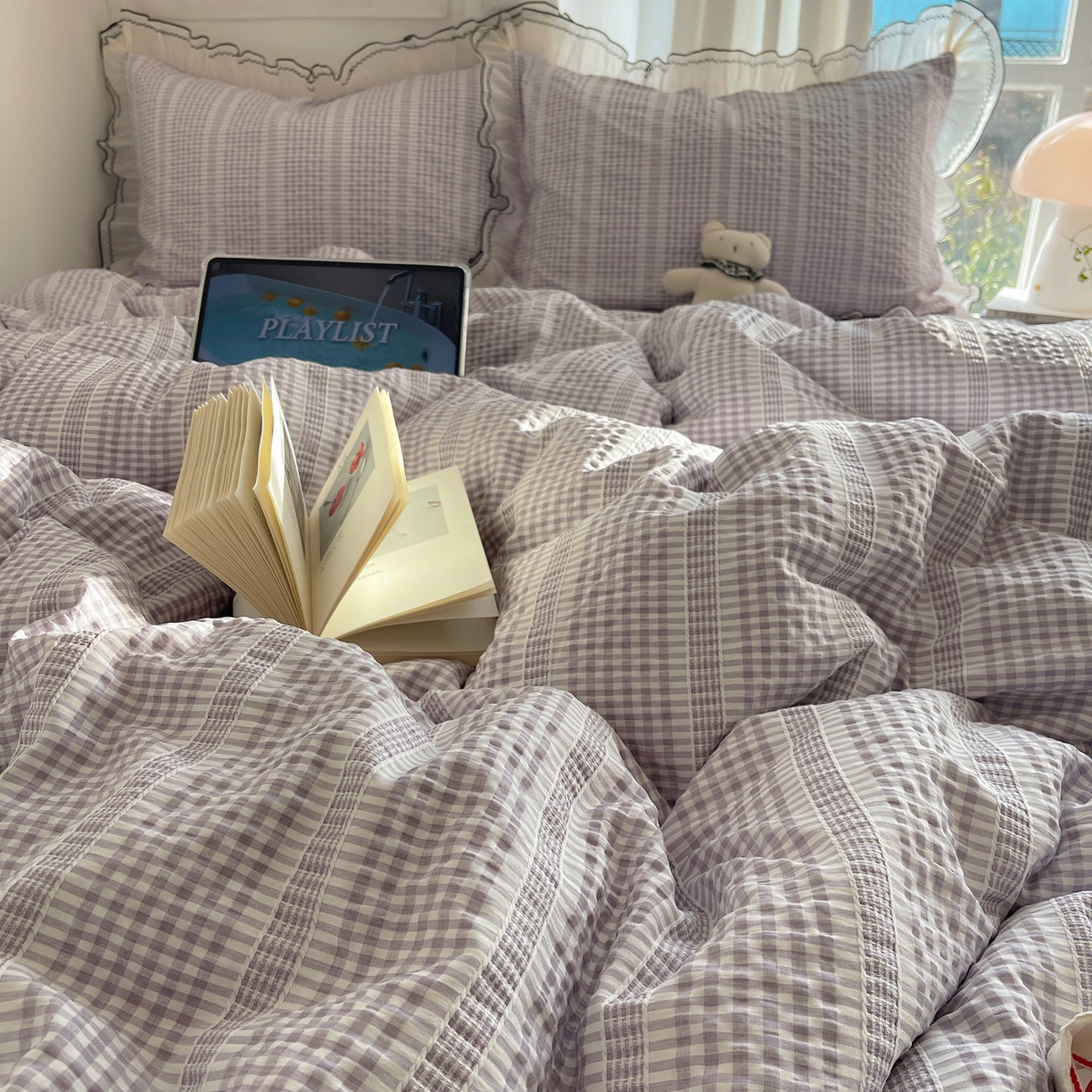 91家纺网 家纺一手货源 找家纺 首尔家纺 2026春夏新款小清新色织提花格子花边款床单床盖款四件套蜜格系列 蜜格-浅紫