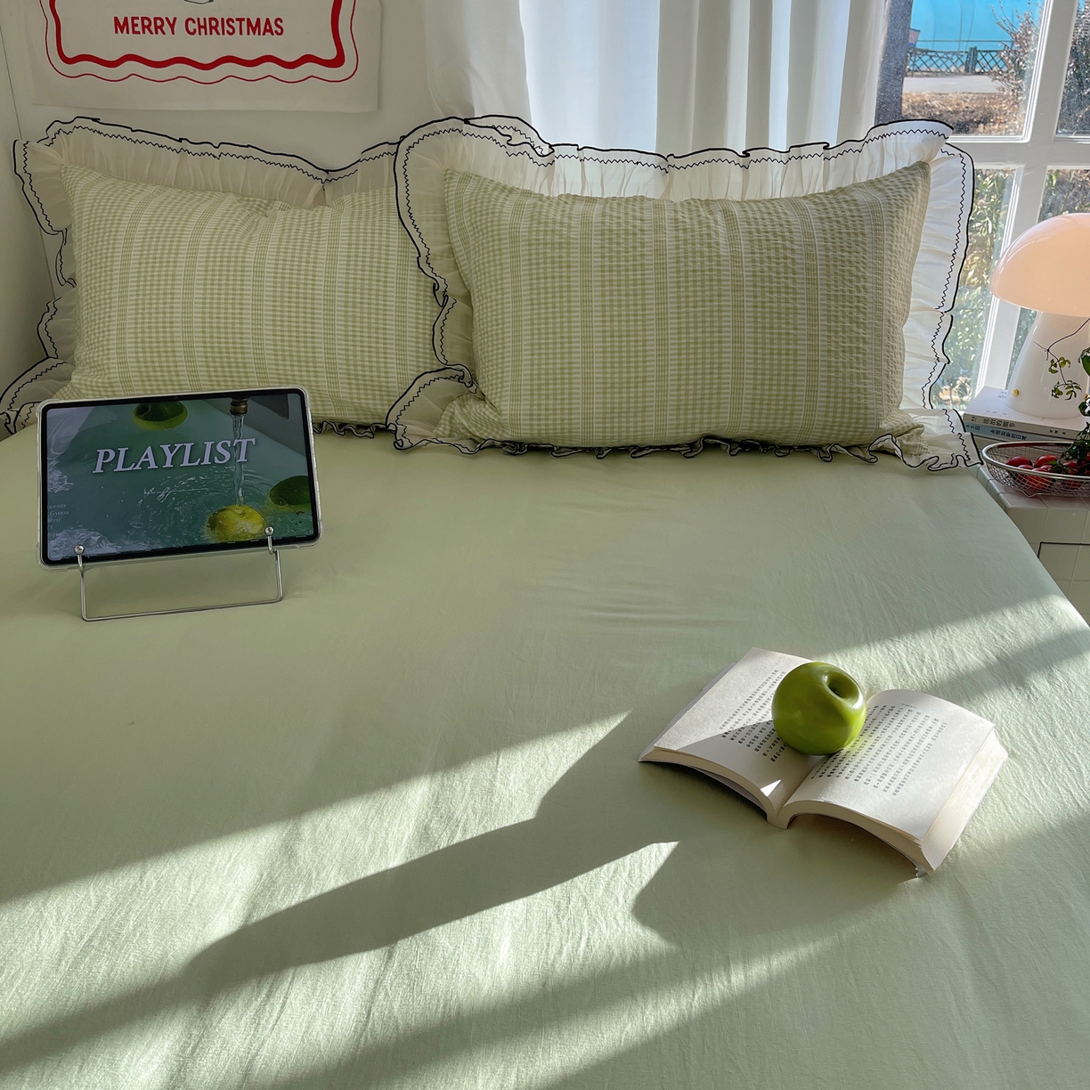 91家纺网 家纺一手货源 找家纺 首尔家纺 2026春夏新款小清新色织提花格子花边款床单床盖款四件套蜜格系列 蜜格-抹茶