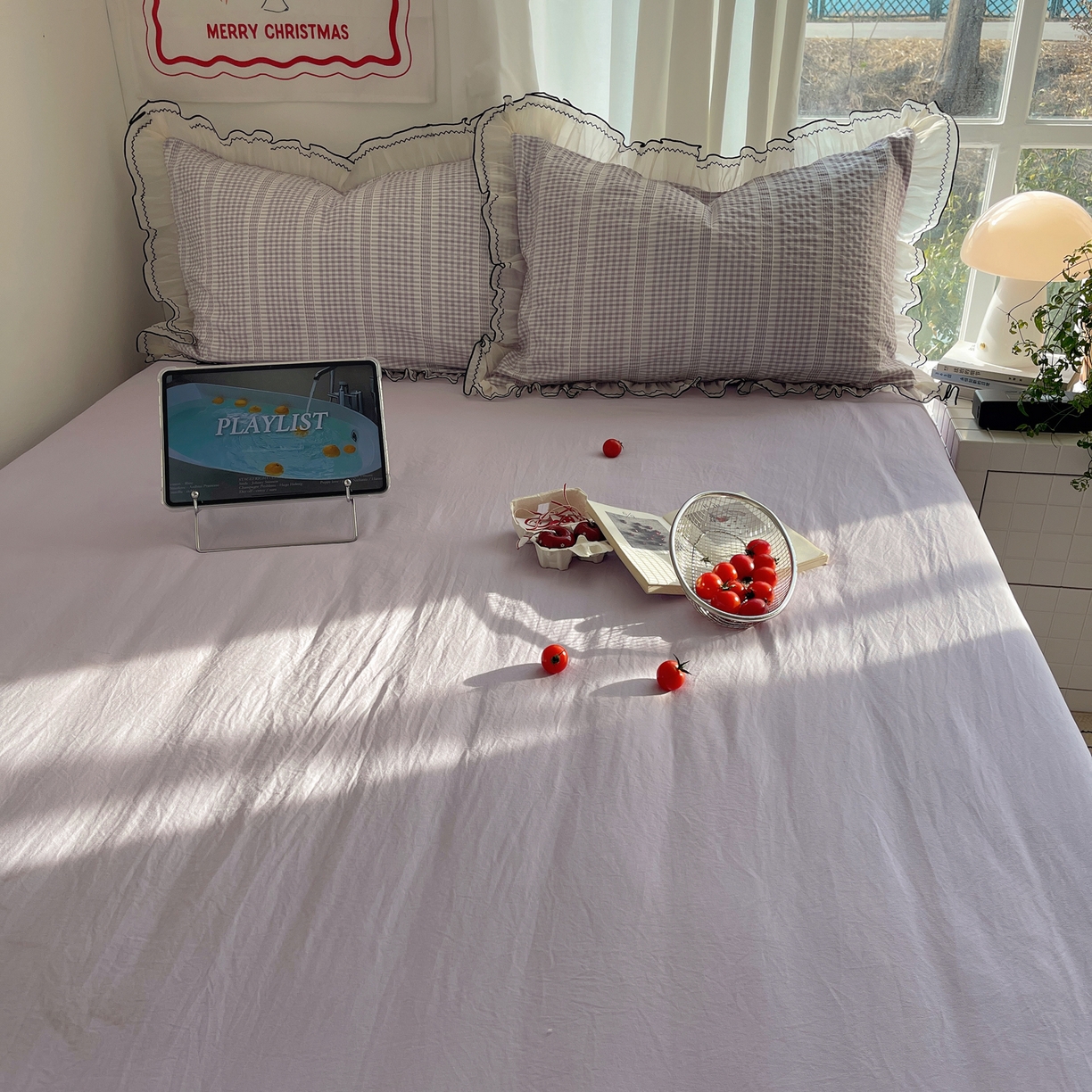 91家纺网 家纺一手货源 找家纺 首尔家纺 2026春夏新款小清新色织提花格子花边款床单床盖款四件套蜜格系列 蜜格-浅紫