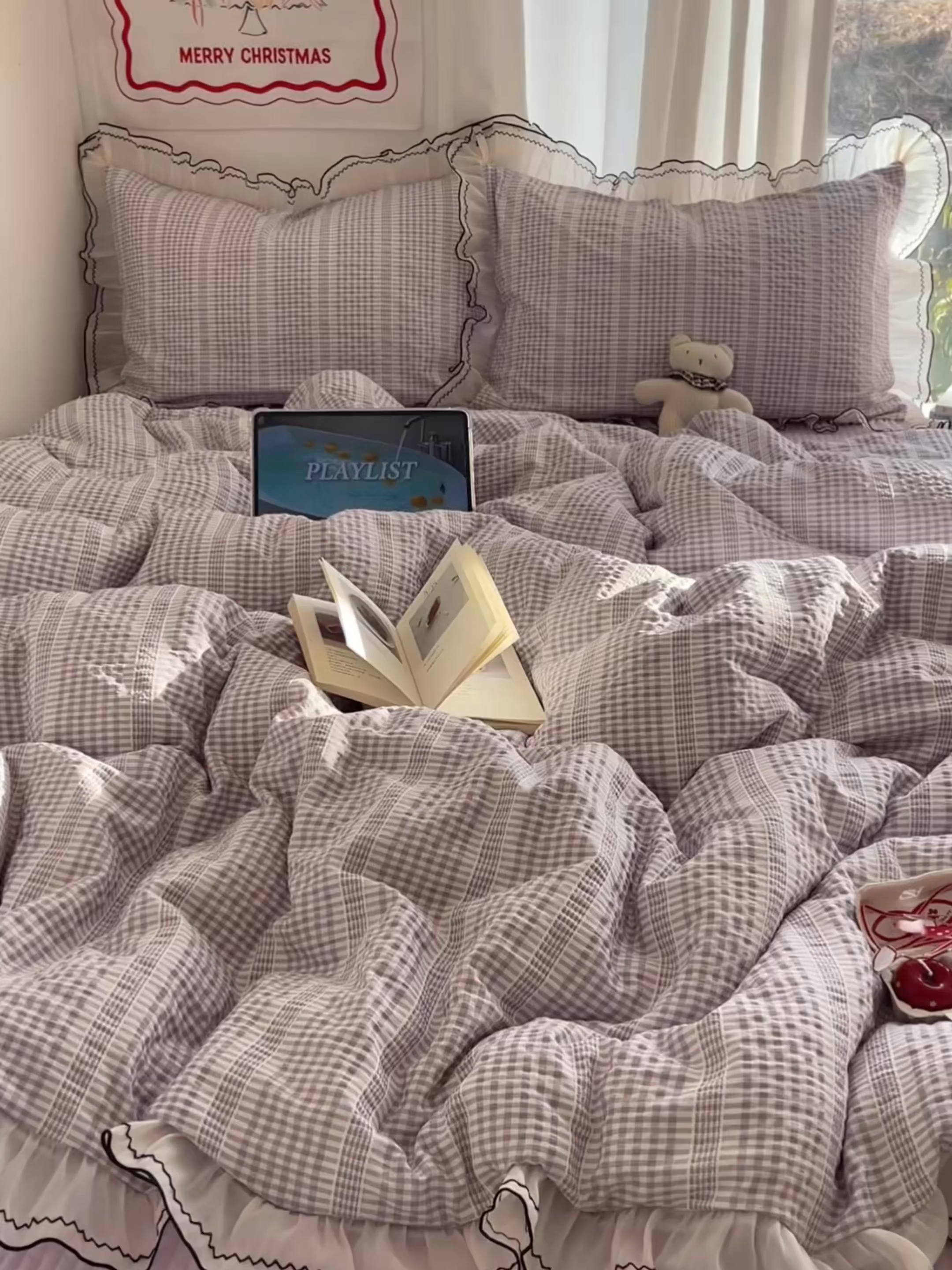 91家纺网 家纺一手货源 找家纺 首尔家纺 2026春夏新款小清新色织提花格子花边款床单床盖款四件套蜜格系列 蜜格-浅紫