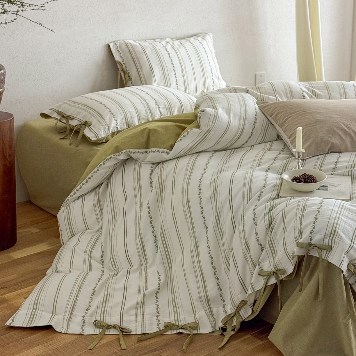 91家纺网 家纺一手货源 找家纺 华超针织 2026新款全棉剪花绑带款四件套-阿尔玛 阿尔玛 绿