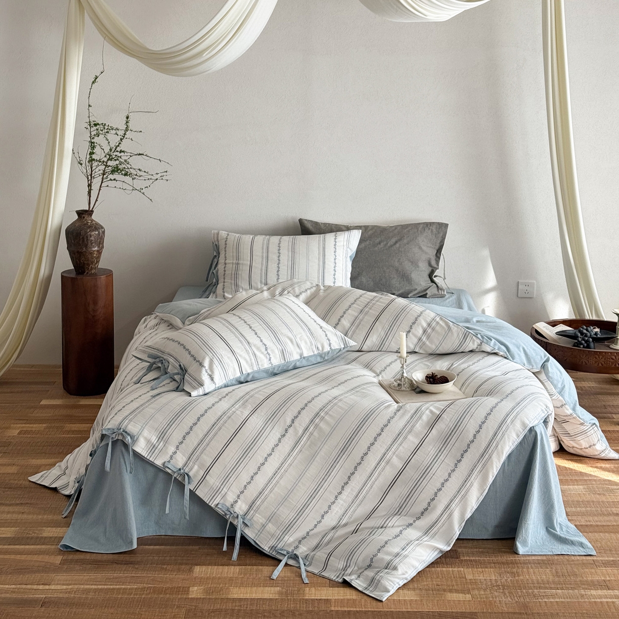 91家纺网 家纺一手货源 找家纺 华超针织 2026新款全棉剪花绑带款四件套-阿尔玛 阿尔玛 蓝