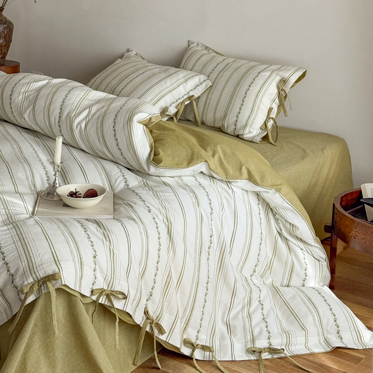 91家纺网 家纺一手货源 找家纺 华超针织 2026新款全棉剪花绑带款四件套-阿尔玛 阿尔玛 绿