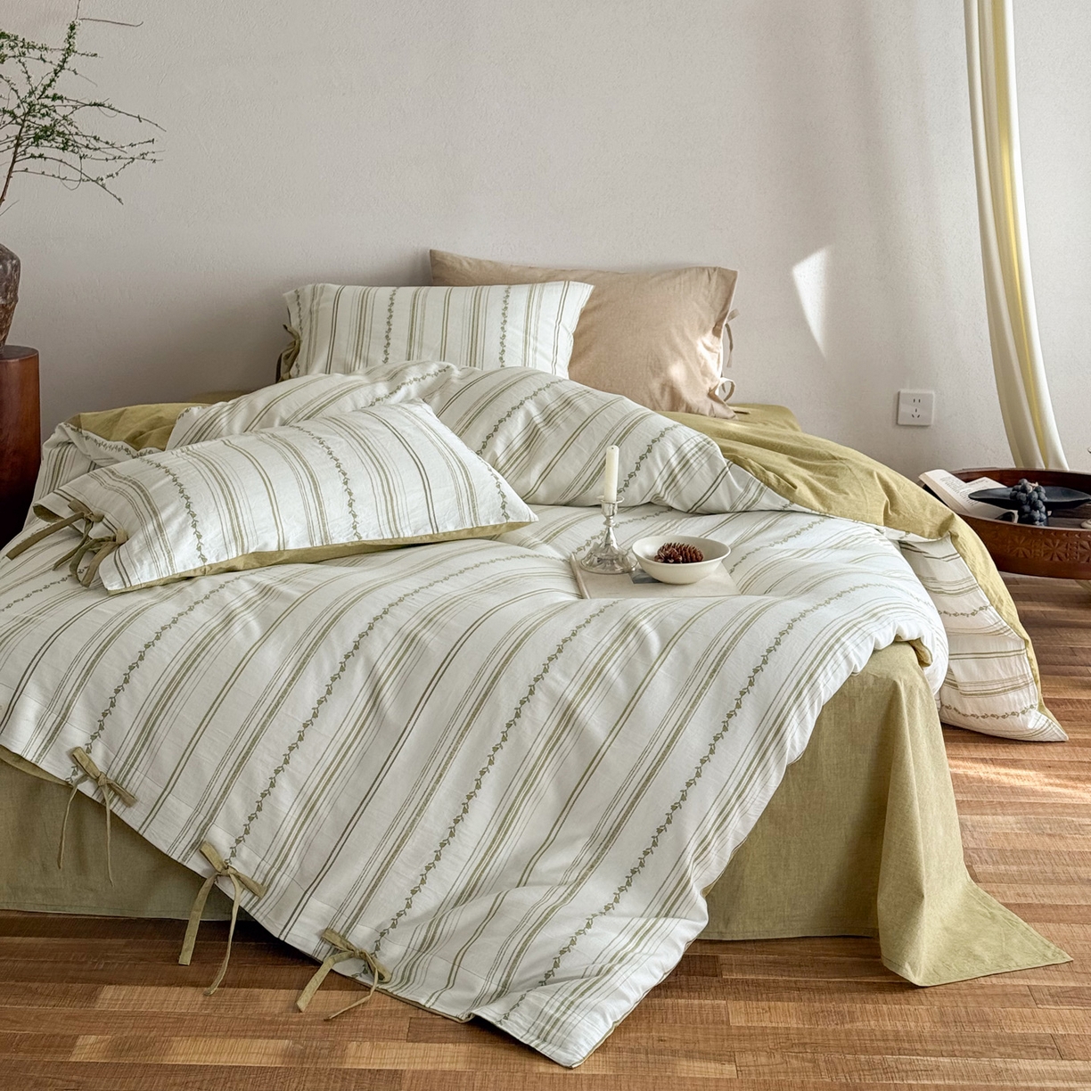 91家纺网 家纺一手货源 找家纺 华超针织 2026新款全棉剪花绑带款四件套-阿尔玛 阿尔玛 绿