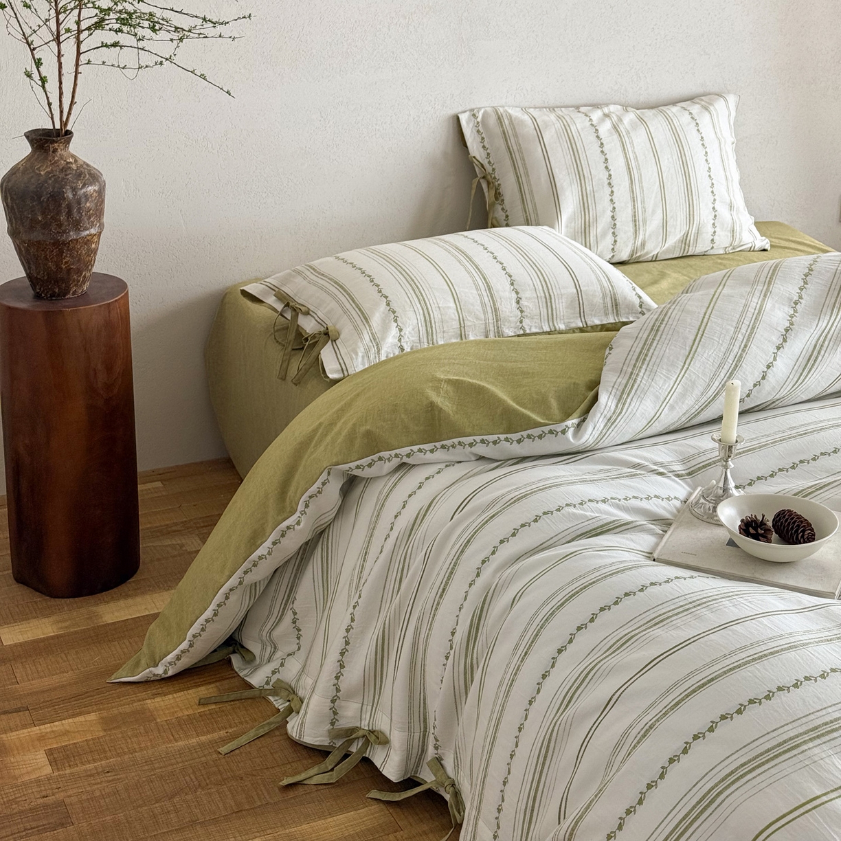 91家纺网 家纺一手货源 找家纺 华超针织 2026新款全棉剪花绑带款四件套-阿尔玛 阿尔玛 绿