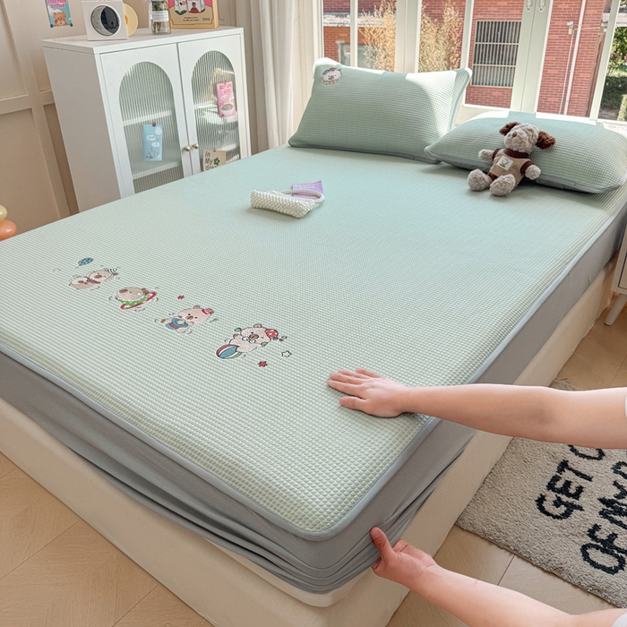 凯罗 2026新款华夫格凉泡泡绣花凉席席子-床笠款 卡皮巴拉