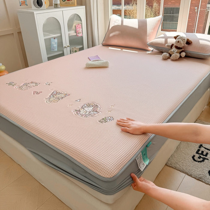 凯罗 2026新款华夫格凉泡泡绣花凉席席子-床笠款 猫仙子