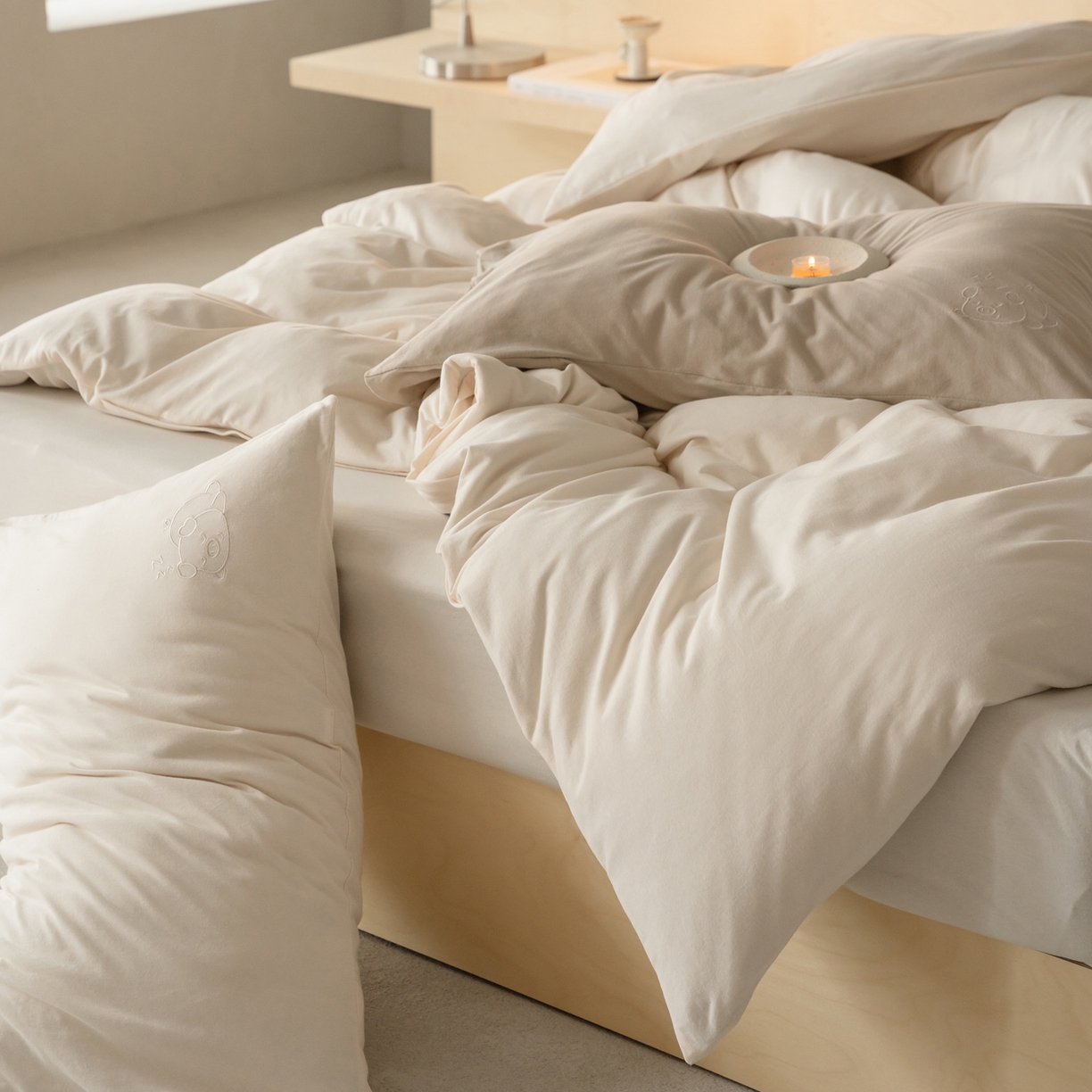 91家纺网 家纺一手货源 找家纺 华超针织 2026新款全棉天竺棉针织刺绣四件套-猪事顺利 猪事顺利-米白