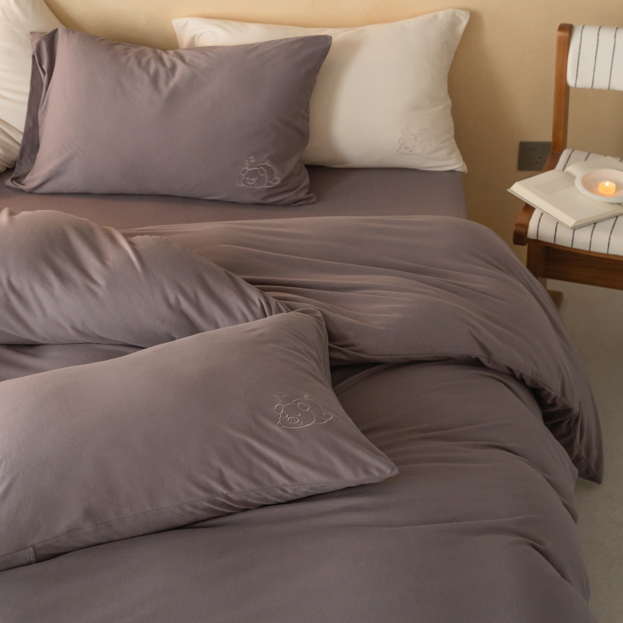 华超针织 2026新款全棉天竺棉针织刺绣四件套-猪事顺利 猪事顺利-藕色