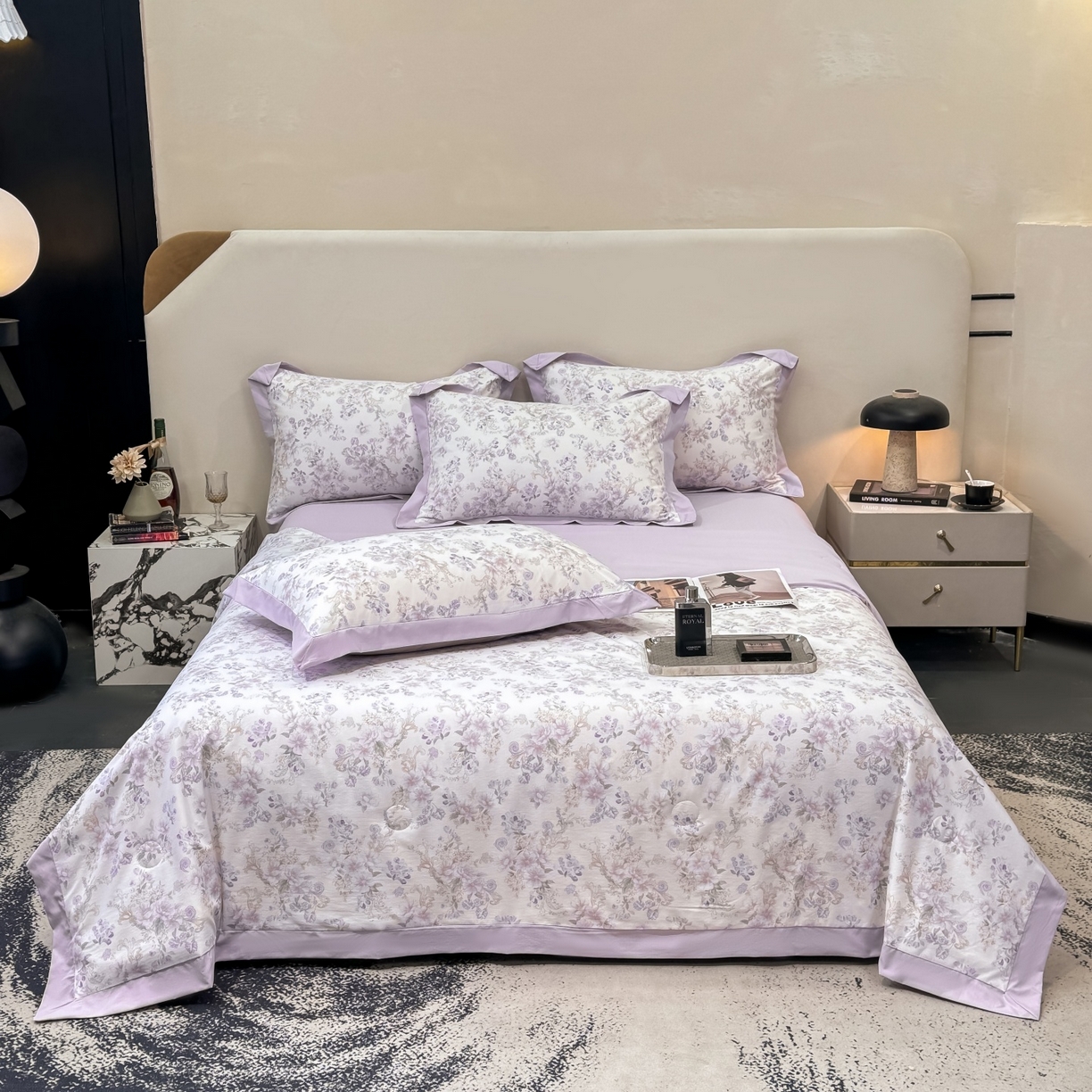 91家纺网 家纺一手货源 找家纺 归属 2026新款凉感天丝棉夏被夏凉被空调被夏被四件套系列 佳期紫