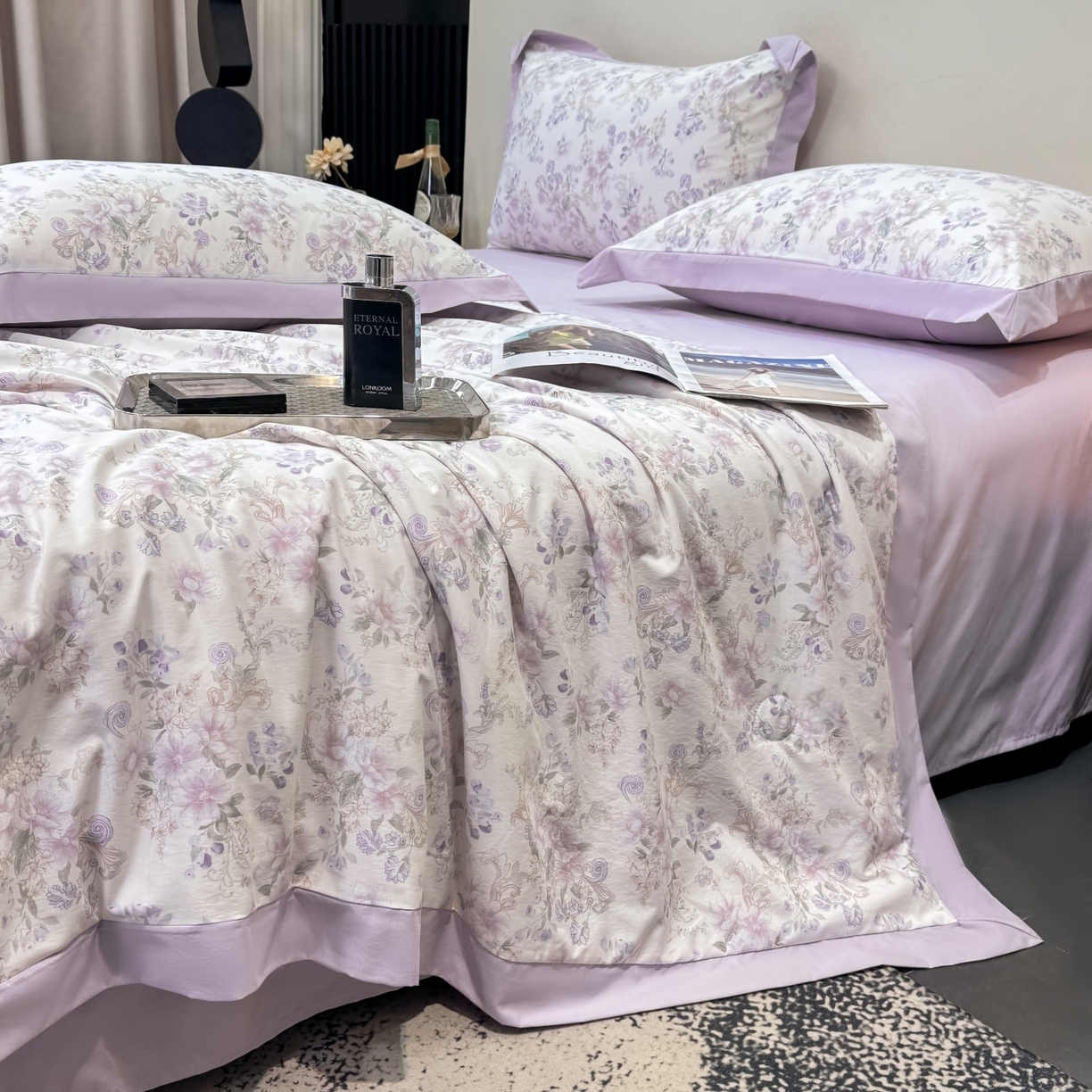 91家纺网 家纺一手货源 找家纺 归属 2026新款凉感天丝棉夏被夏凉被空调被夏被四件套系列 佳期紫