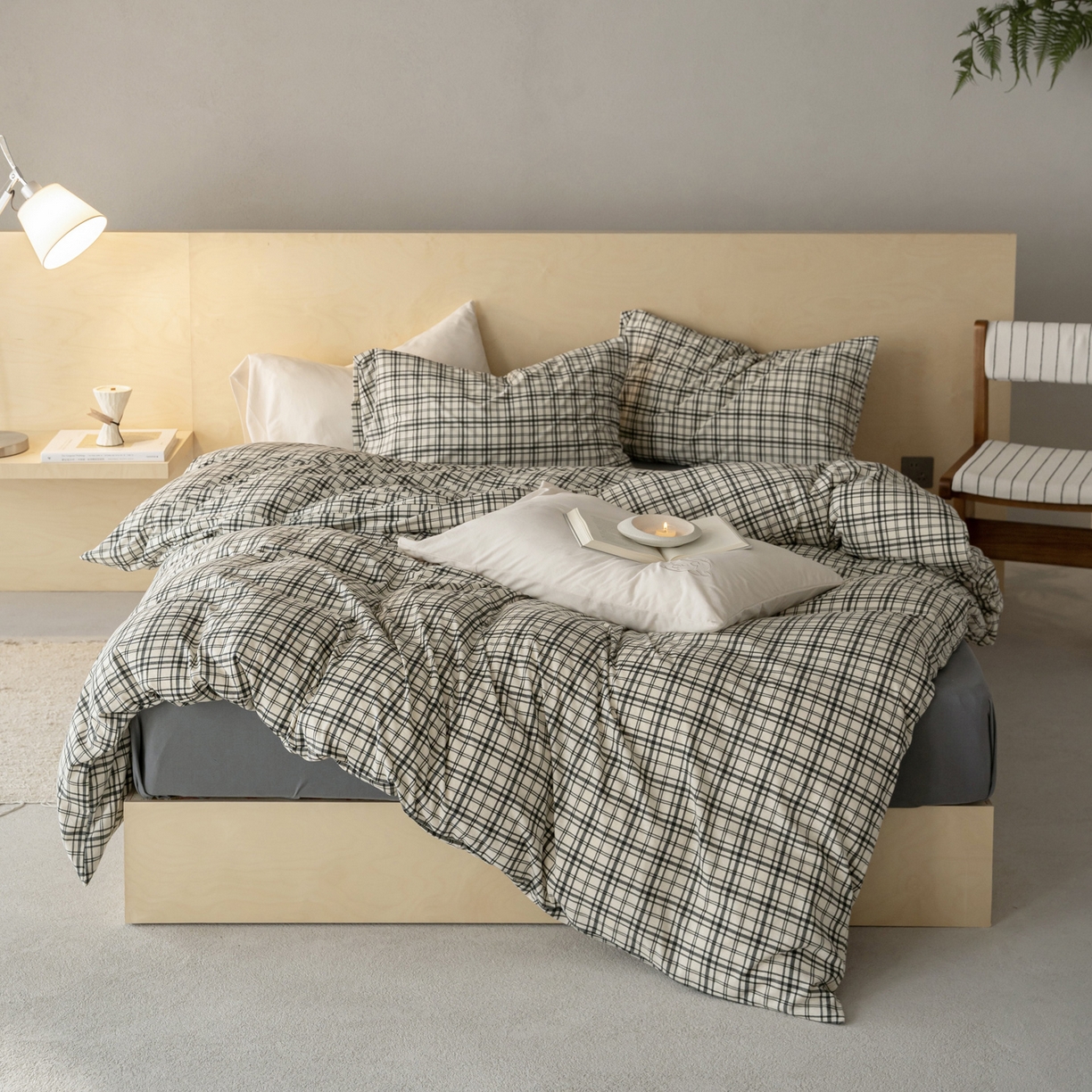 91家纺网 家纺一手货源 找家纺 华超针织 2026新款全棉天竺棉针织格子印花四件套 深灰格配深灰