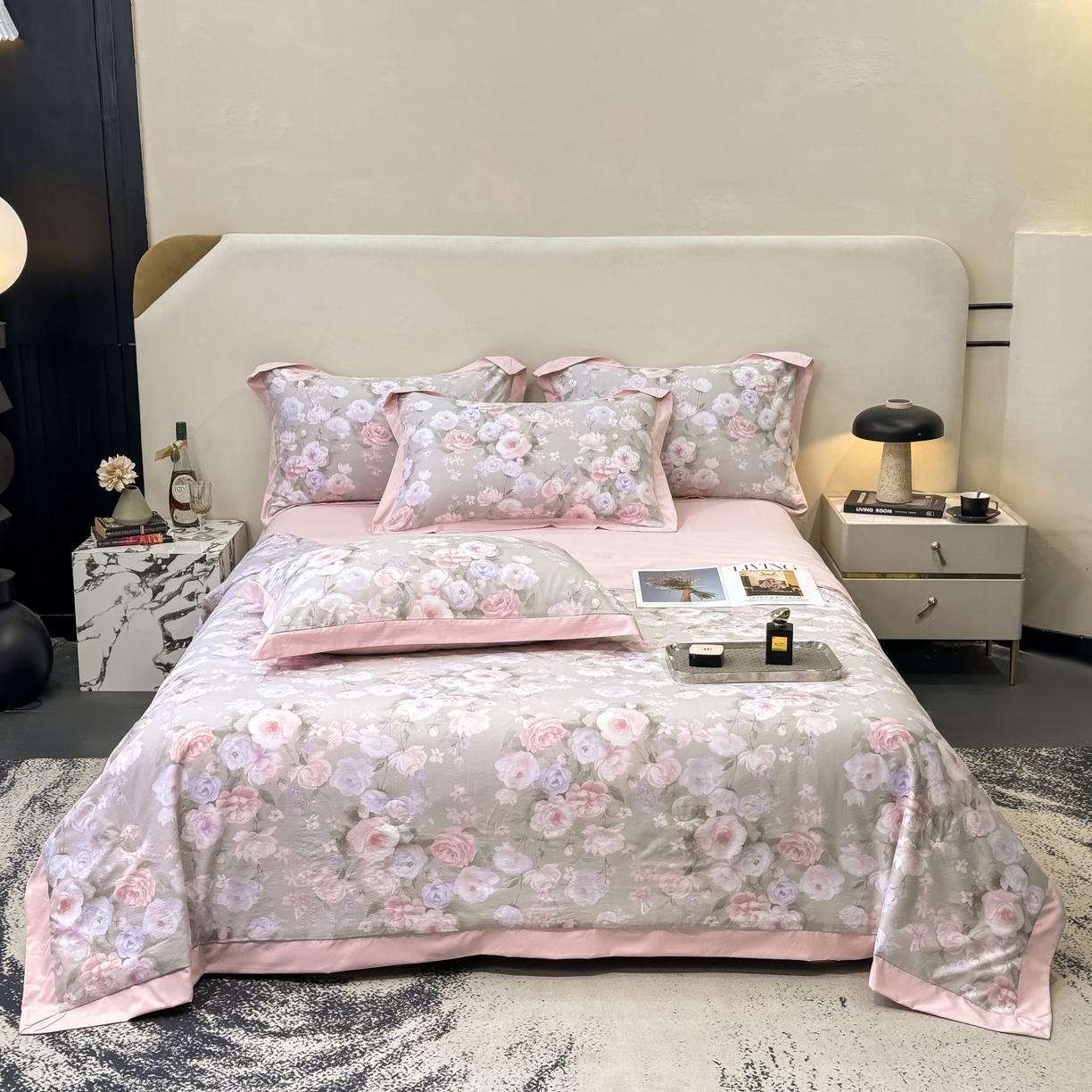 91家纺网 家纺一手货源 找家纺 归属 2026新款凉感天丝棉夏被夏凉被空调被夏被四件套系列 莫奈花（灰）