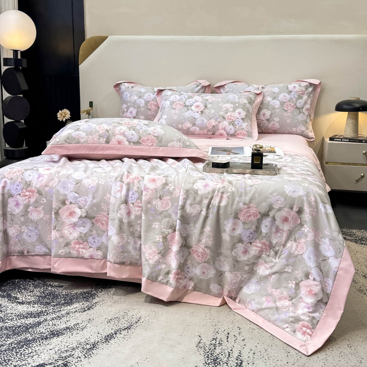 91家纺网 家纺一手货源 找家纺 归属 2026新款凉感天丝棉夏被夏凉被空调被夏被四件套系列 莫奈花（灰）