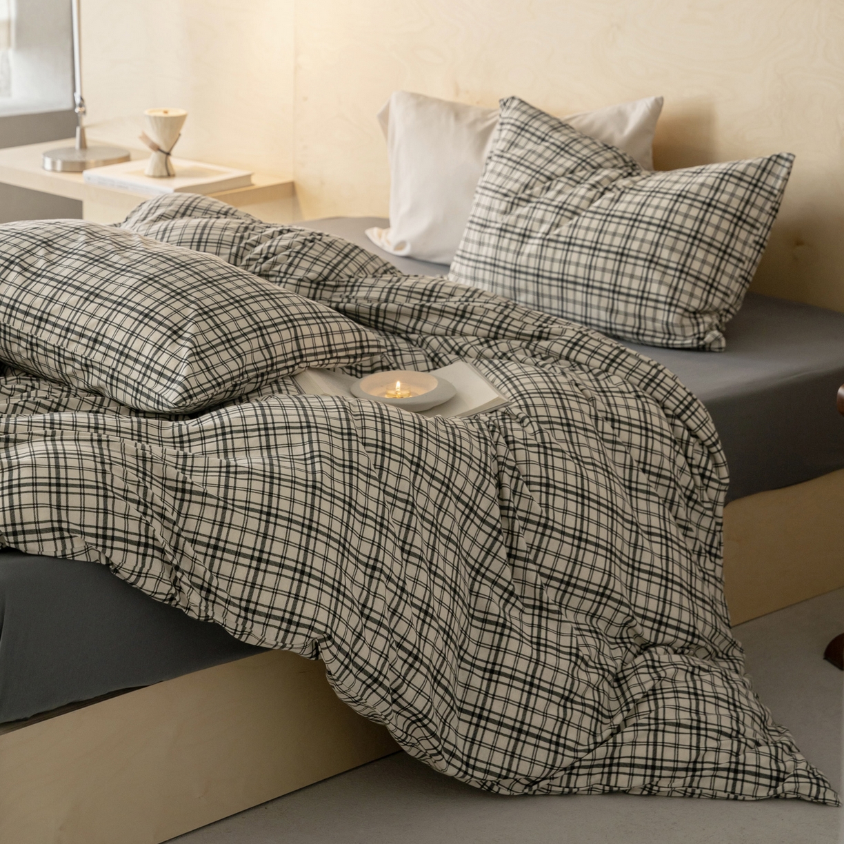 91家纺网 家纺一手货源 找家纺 华超针织 2026新款全棉天竺棉针织格子印花四件套 深灰格配深灰